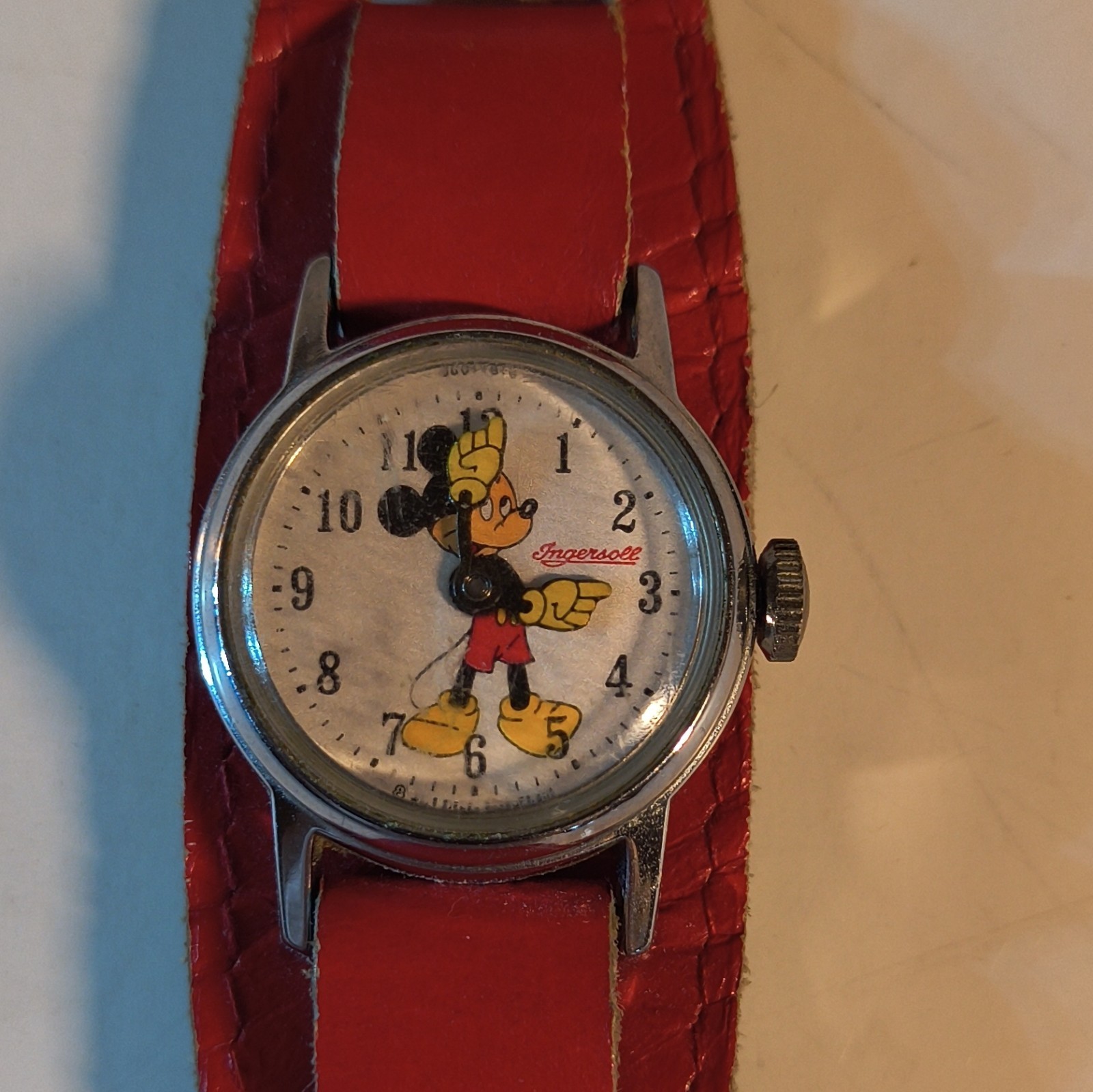 Ingersoll Mickey Mouse Vintage Manual Mechanical Watch Red Leather Strap
