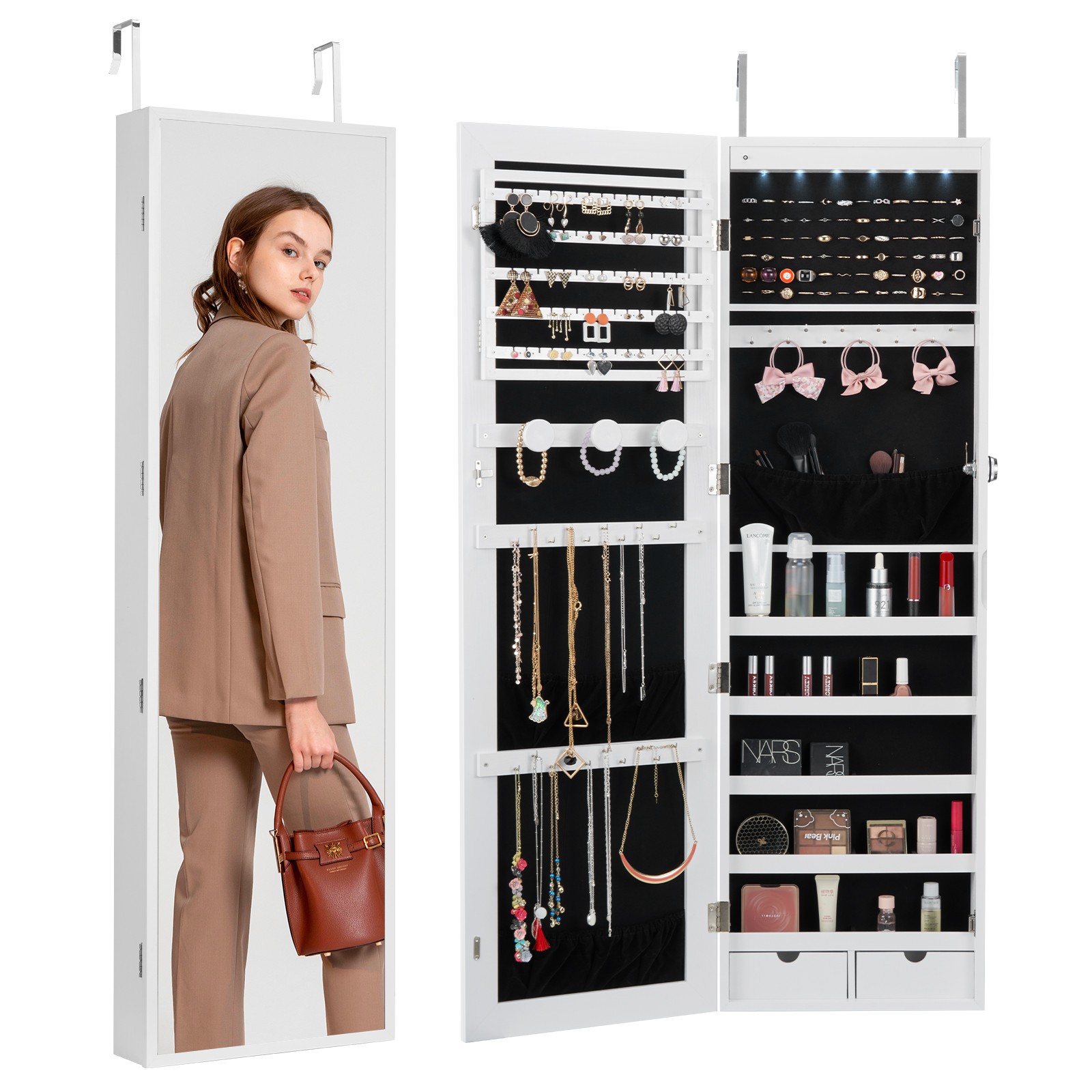 Uimoso Mirror Jewelry Cabinet47.05in Lockable Wall or Door Mounted Armoire White