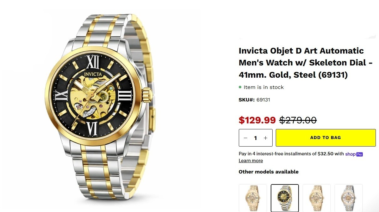 Invicta Objet D Art Automatic Men’s Watch w/ Skeleton Dial – 41mm. Gold, Steel