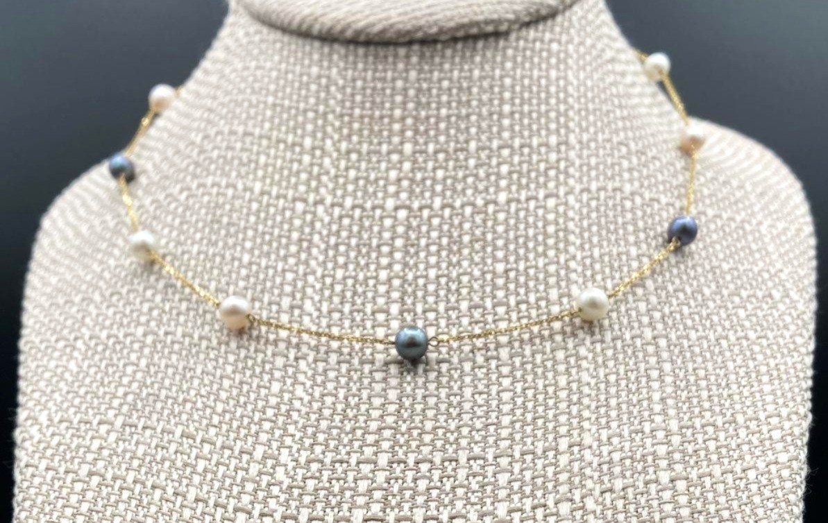14K Solid Yellow Gold w/ Black & White Pearl Station Necklace 16″ 4gr Signed RCI