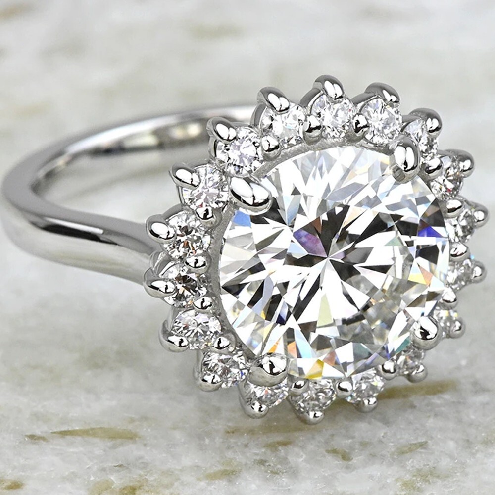11.00 mm Round Cut Moissanite Halo Set Engagement Ring In 14K White Gold Plated