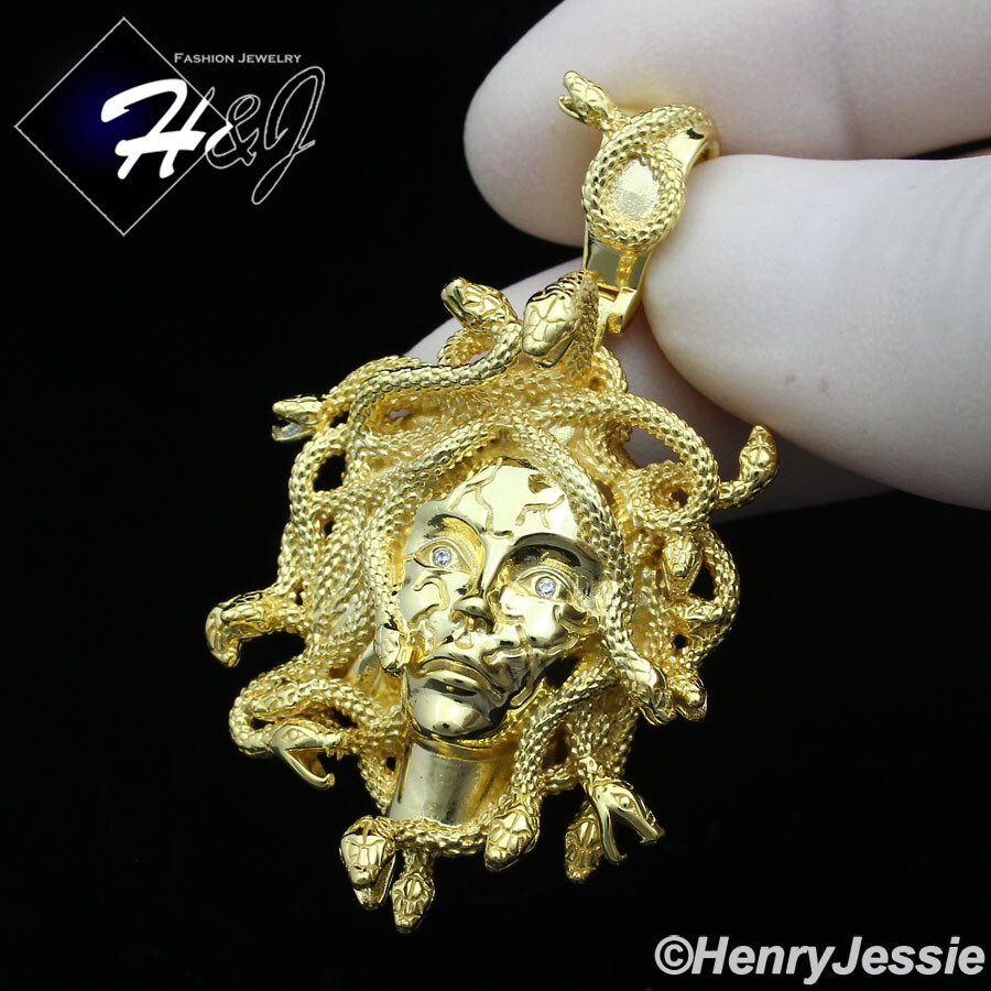 MEN 925 STERLING SILVER HIPHOP 3D MEDUSA HEAD GOLD PLATED CHARM PENDANT*GP386