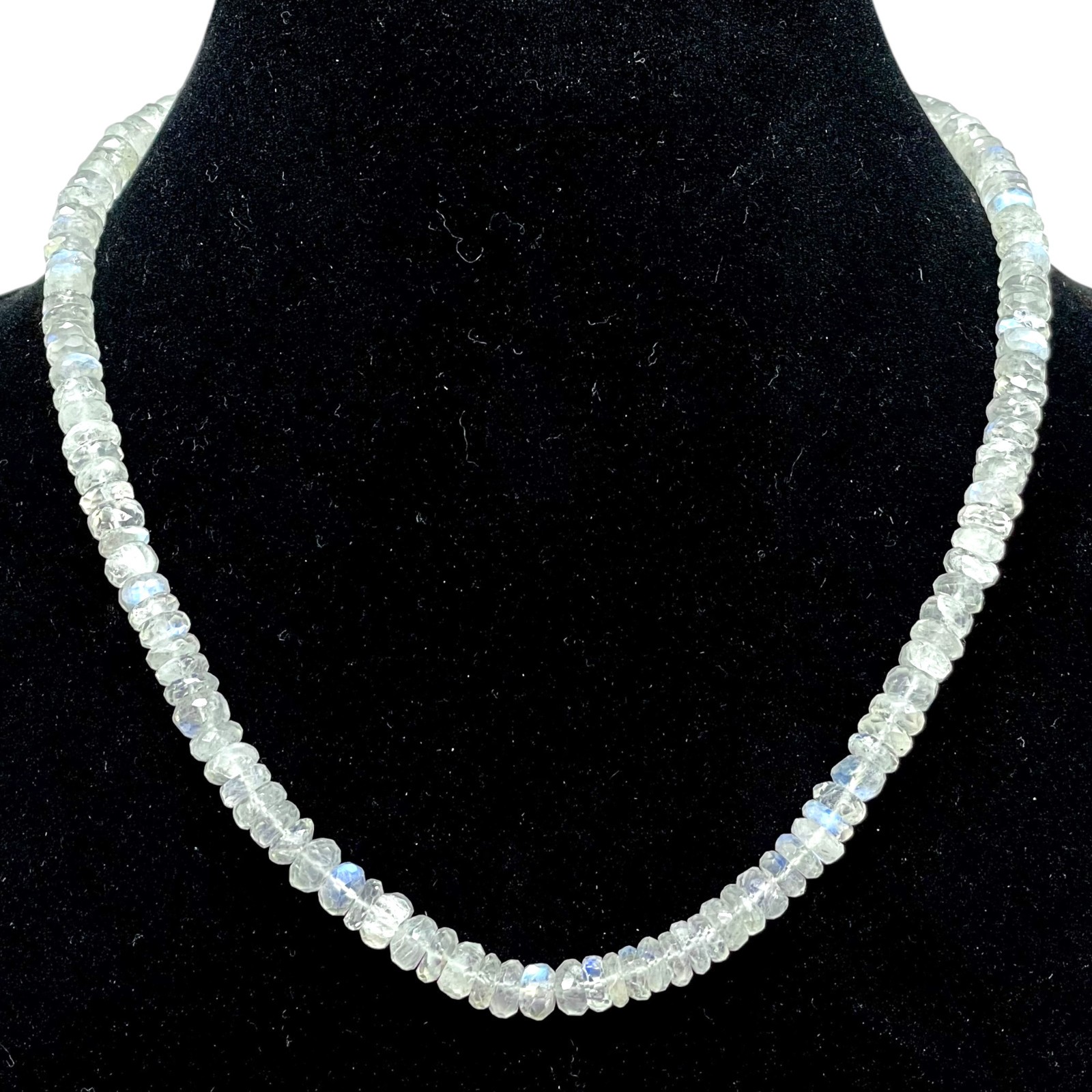 Natural Rainbow Blue Moonstone Necklace 5-6.5mm Faceted Beads 925 Clasp 18″