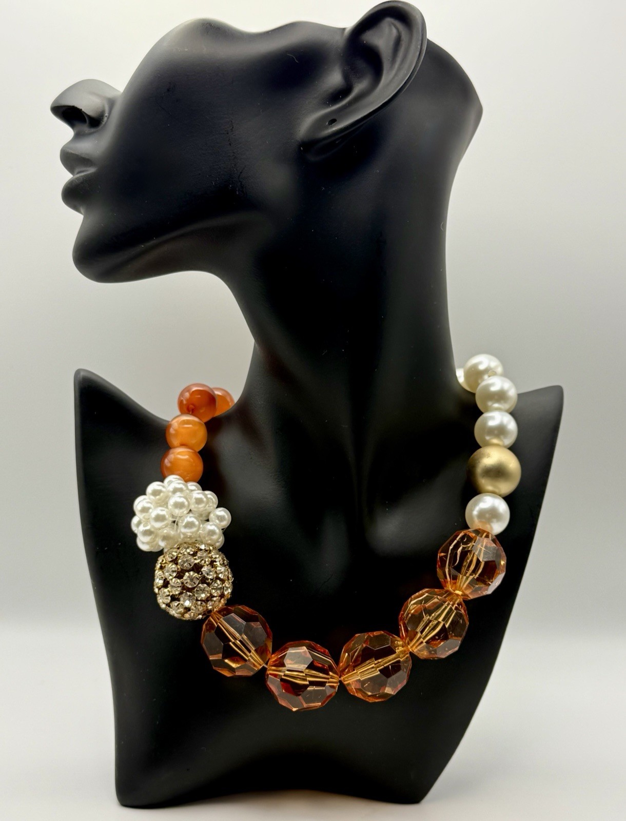 Chico’s Orange Pearl Crystal Pave Ball Chunky Statement Necklace C 1946 18-22″