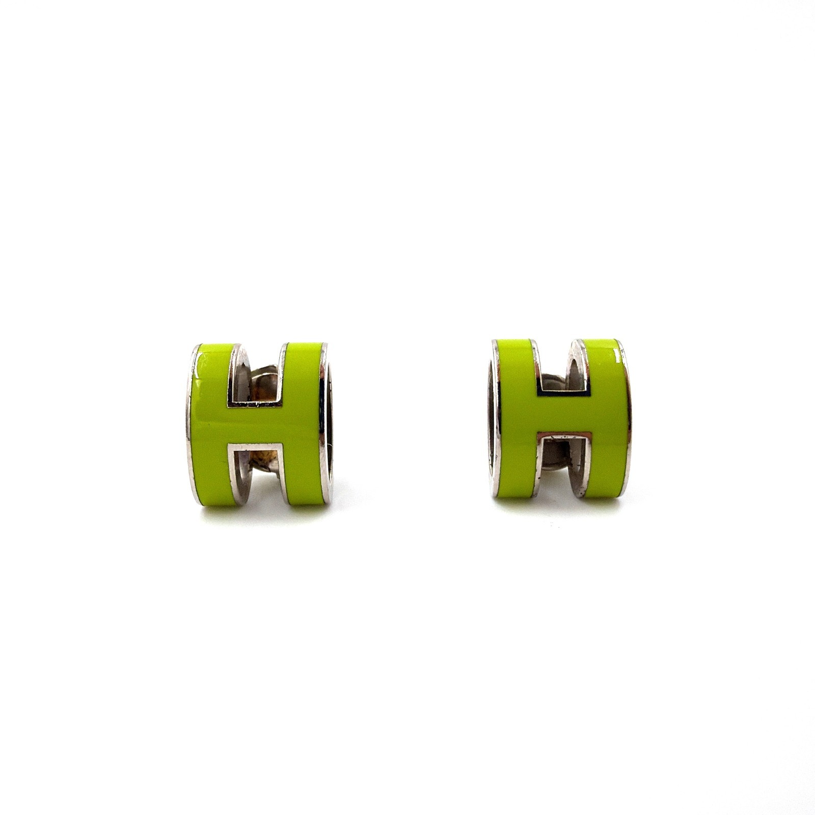 HERMES Mini Pop H Pierce Lime Green Enamel Silver Tone with Box Authentic
