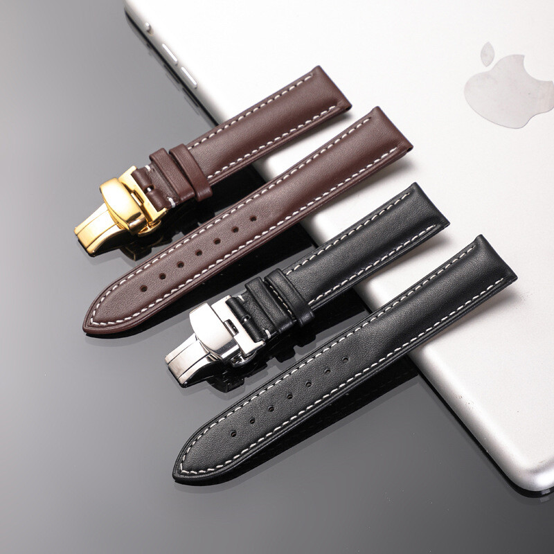 Retro Leather 14mm-24mm Wrist Watch Band Strap Butterfly Buckle Deployment Clasp