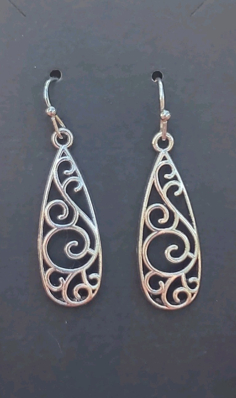 Silver Tone Teardrop Dangle Fashion Earrings Scroll Swirl Openwork Boho