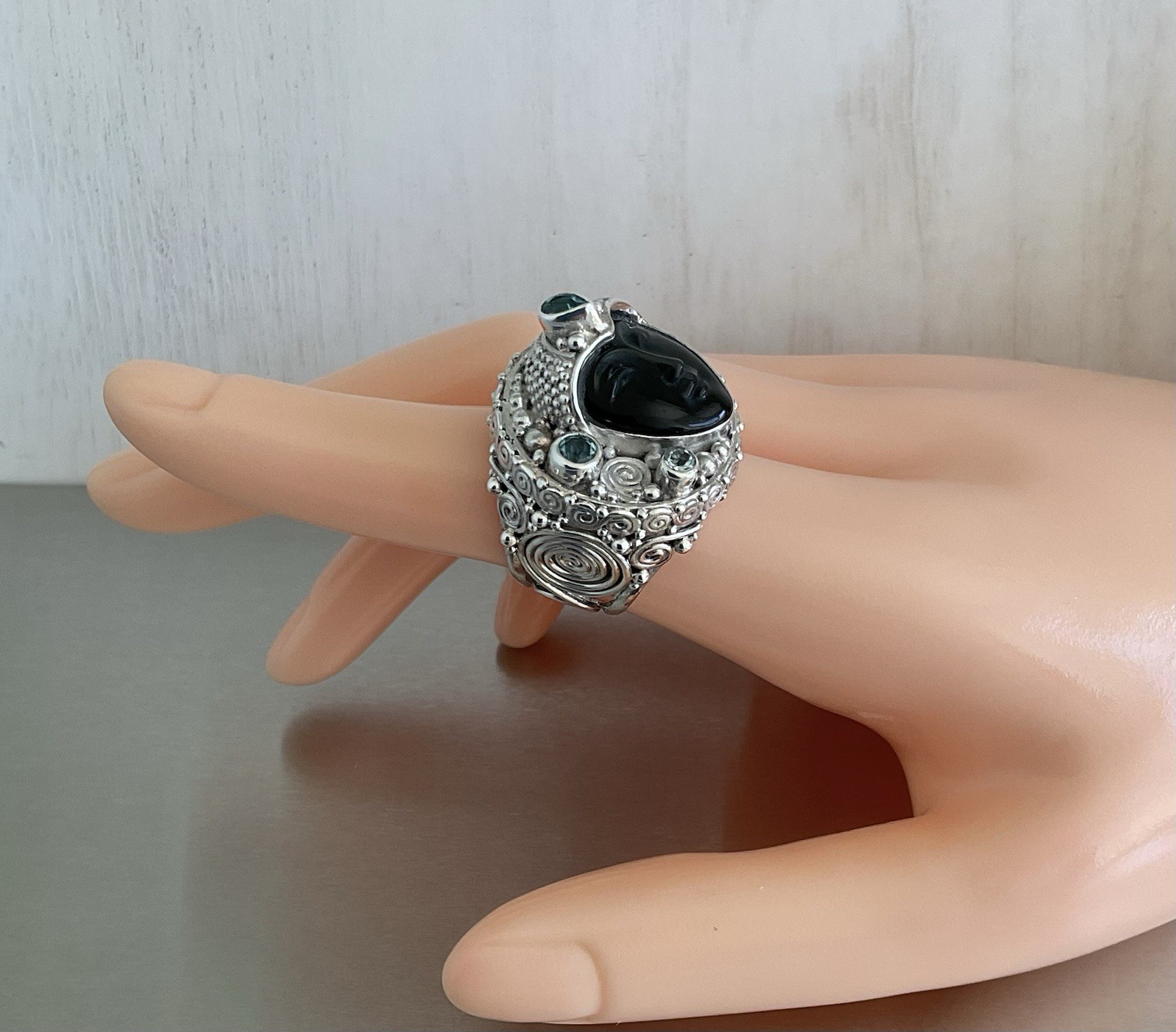 Sajen Carved Obsidian Goddess Face & Blue Topaz Ring 925 Sterling Silver Size 7