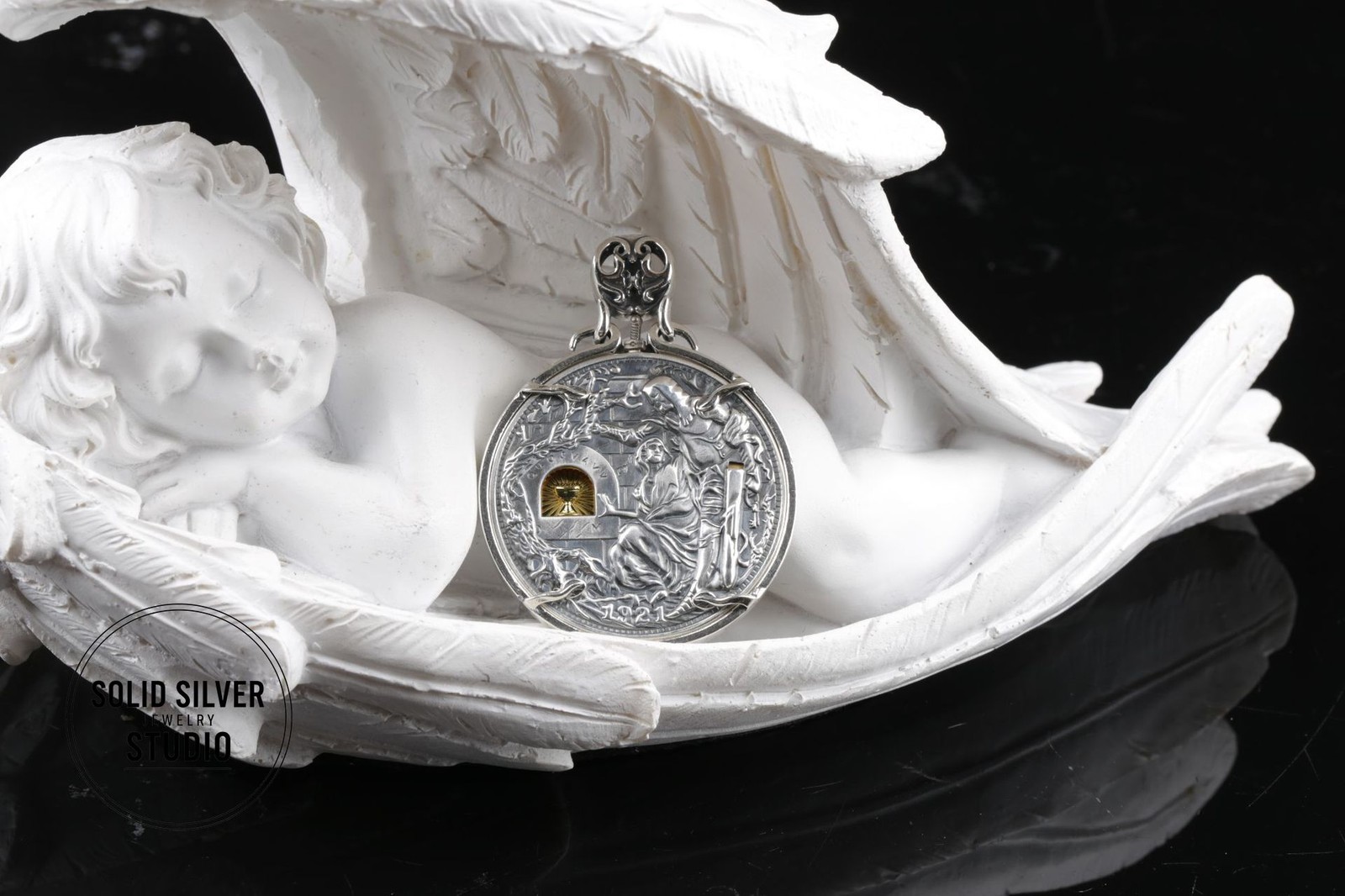 Solid S925 Sterling Silver Mechanical Hobo Coin Pendant Sword Holy Grail 40g
