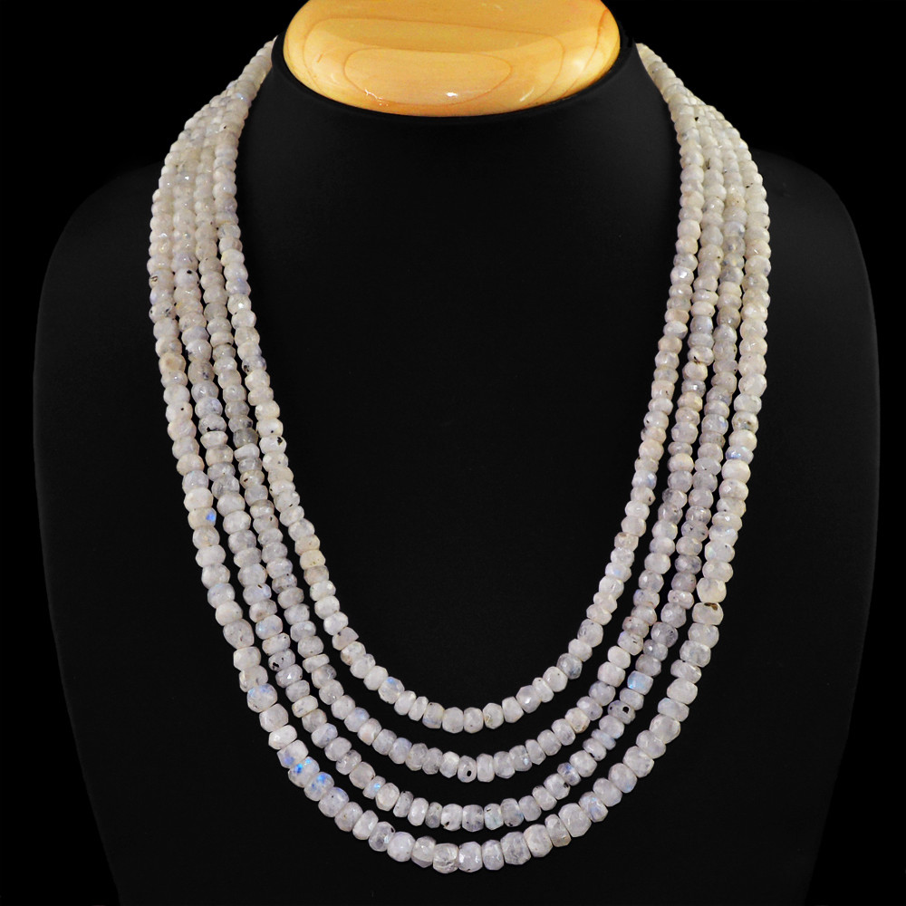 448.50 Cts Earth Mined 4 Line Blue Flash Moonstone Round Beads Necklace (RS)