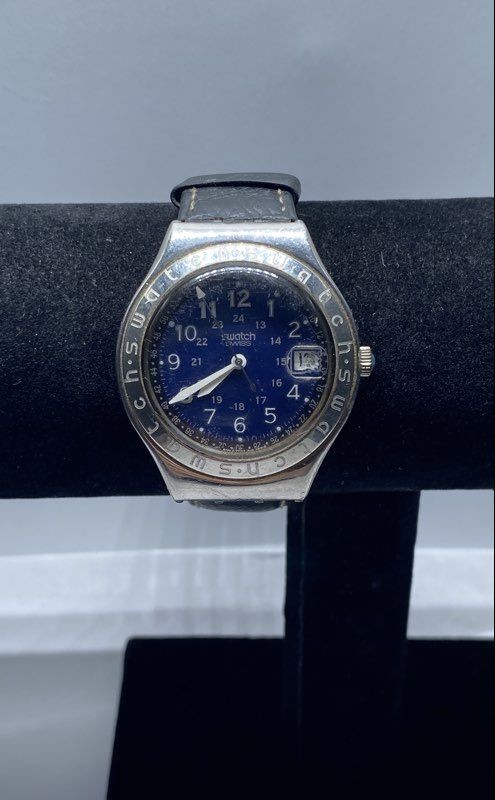 Swatch Irony Stainless Steel Blue Field Dial Date Swiss Quartz Watch Leather