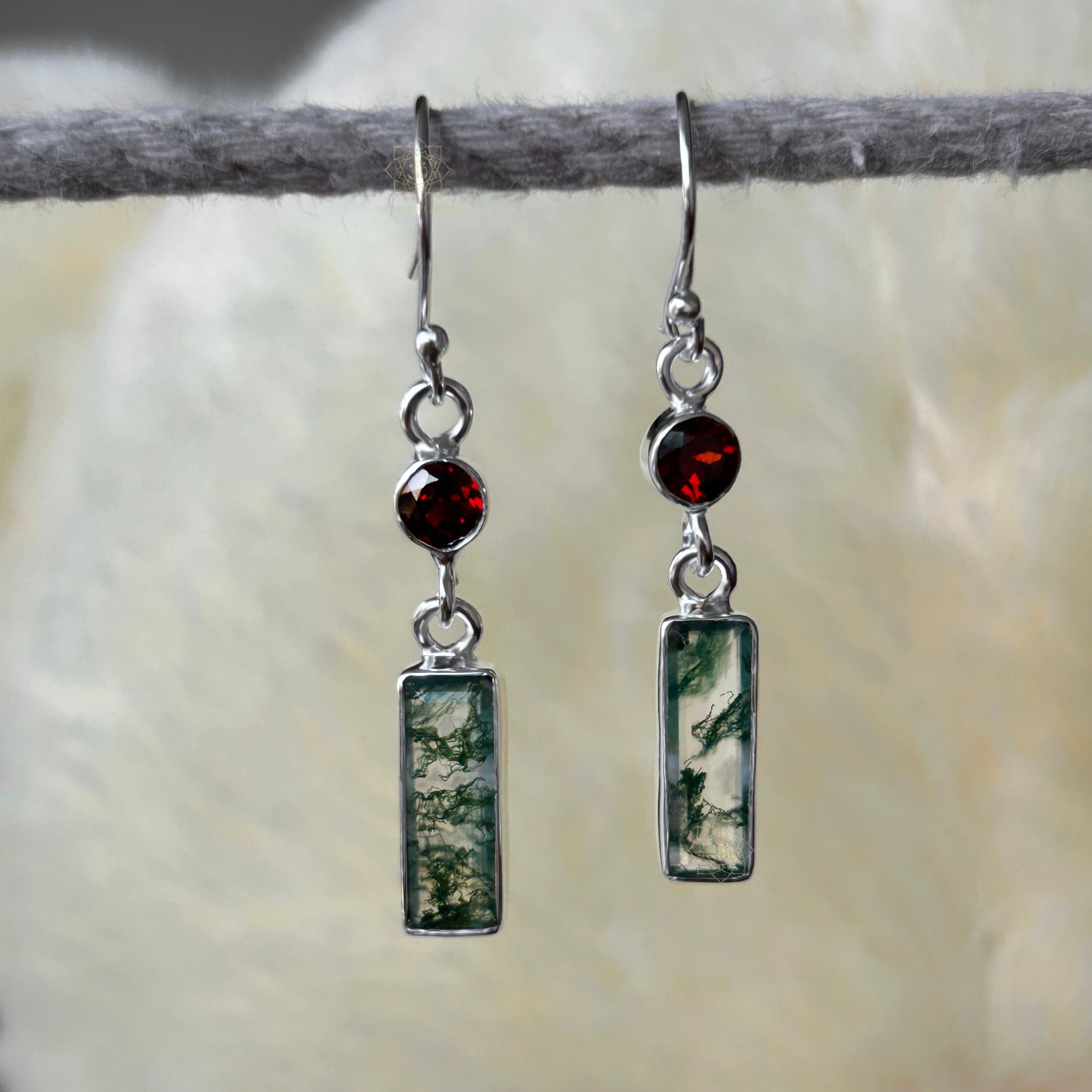 Rectangle Moss Agate & Garnet Earrings 925 Streling Silver Handmade Jewelry