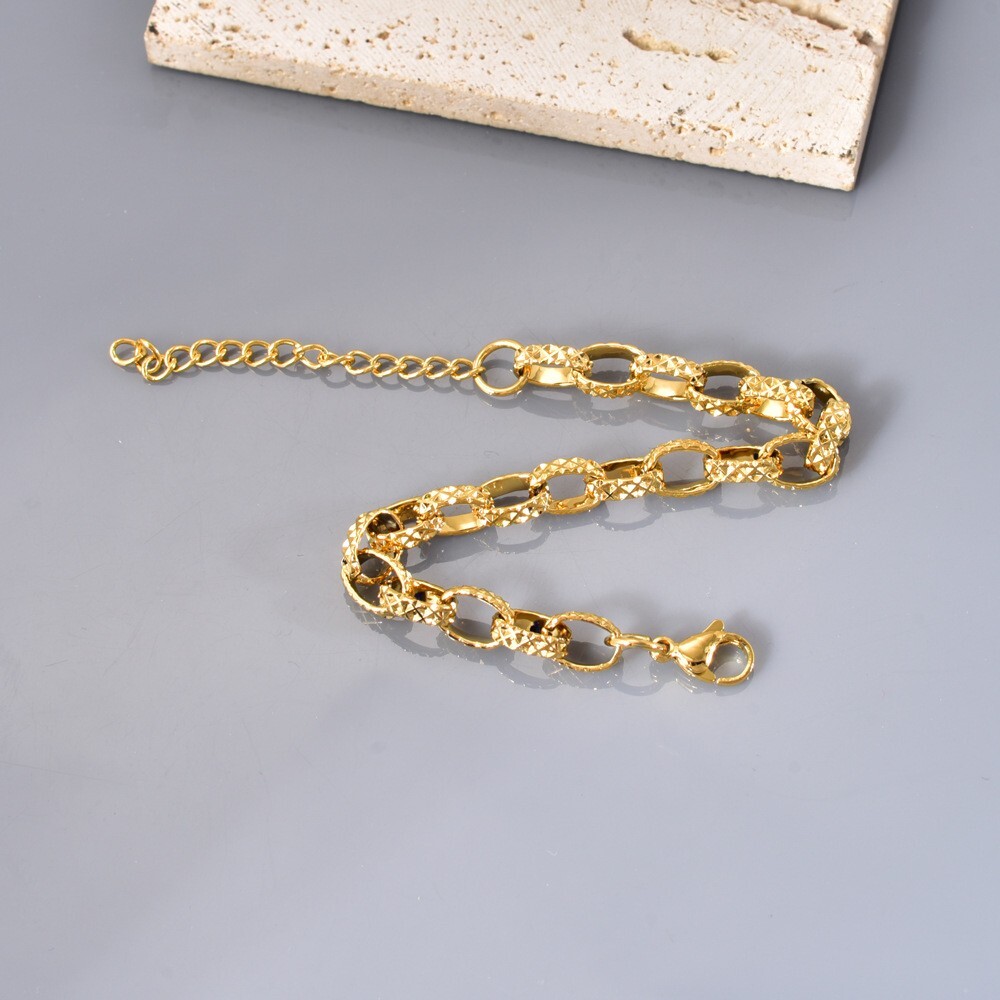 7mm Women 18K Gold Plated Texture Rolo Chain Bracelet Bangle Anti-tarnish 8.7”