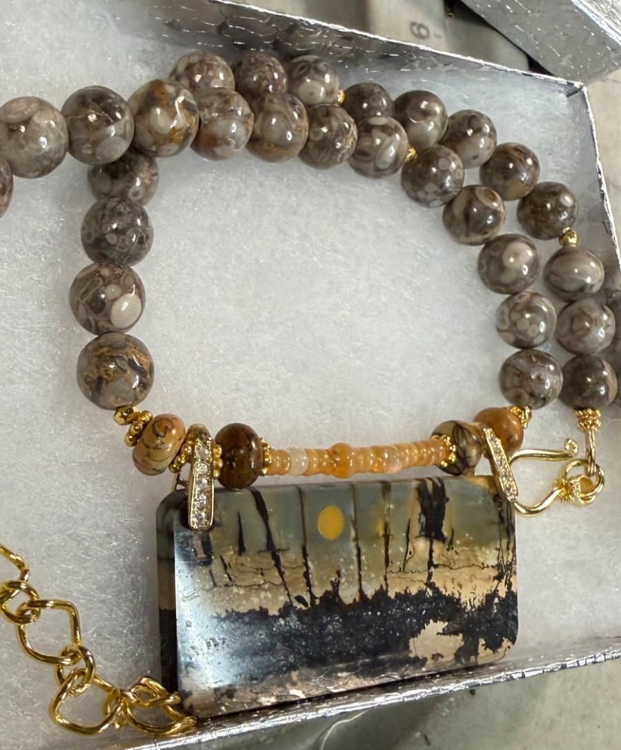 CHERRY CREEK JASPER PENDANT WITH CRINOID FOSSIL & ETHIOPIAN OPAL BEAD NECKLACE