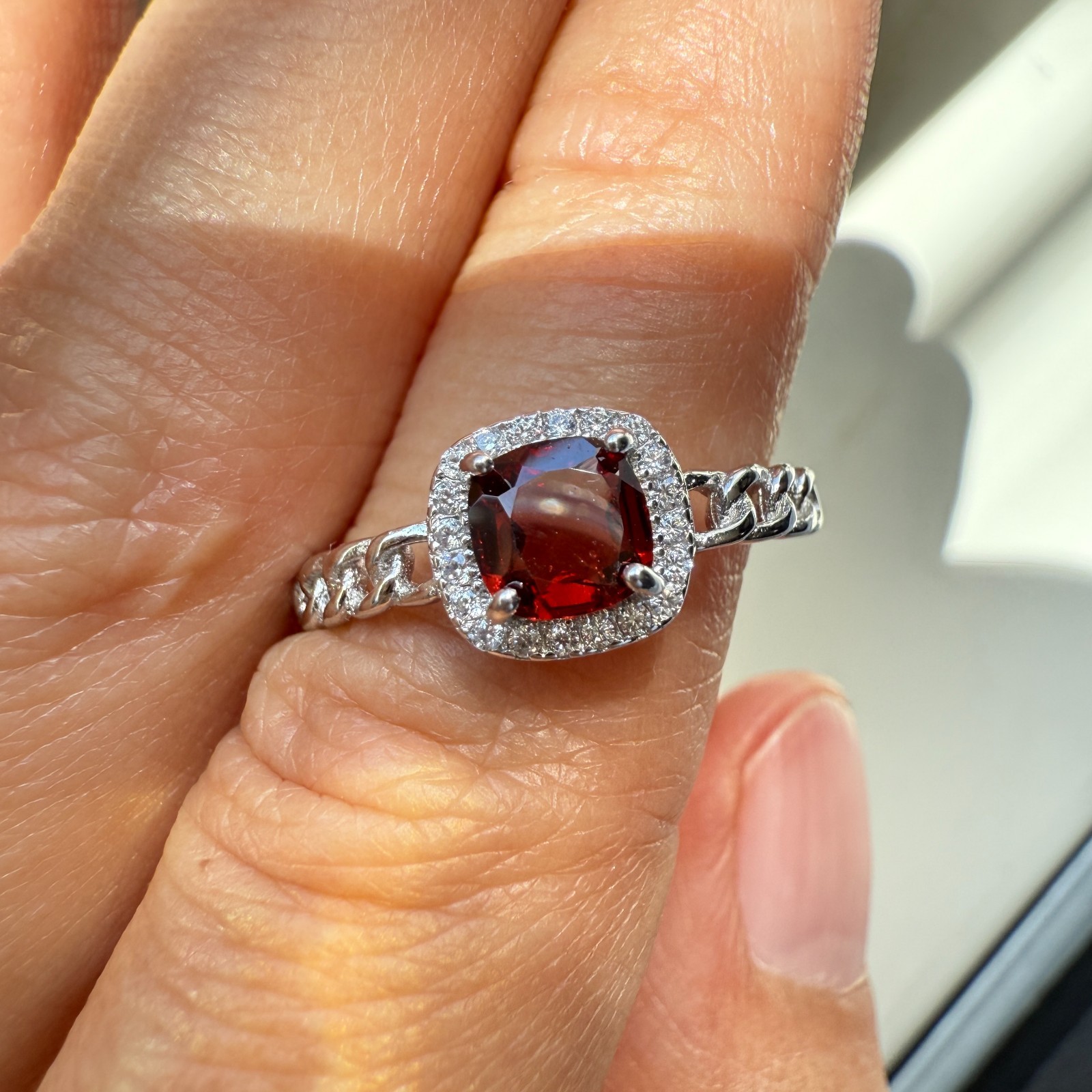925 Sterling Silver Ring 5mm Natural Rhodolite Garnet Zircon Handmade Chain Gift