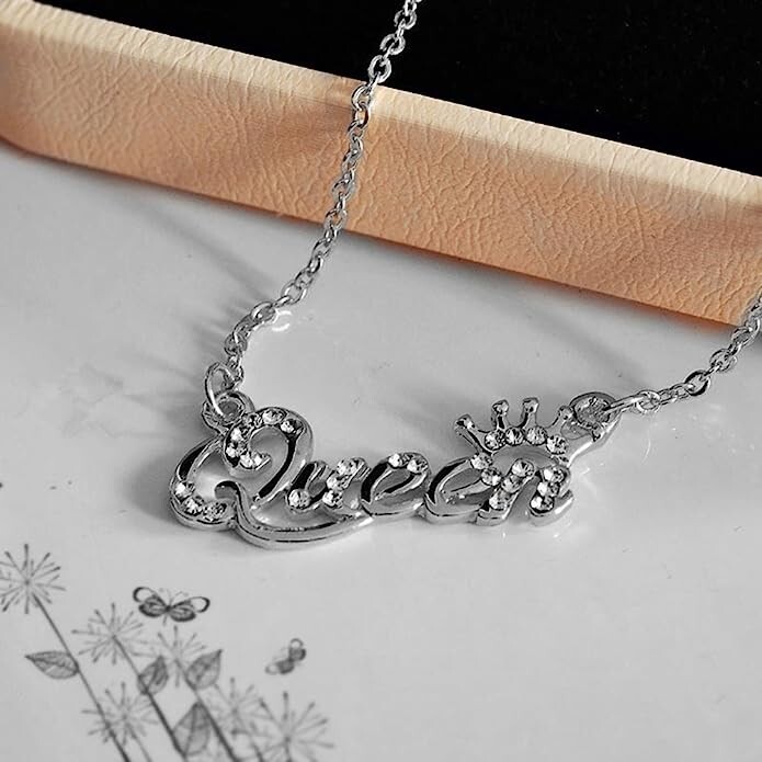 Silver Queen Letters Crystal Bling Necklace w/ Crown Pendant, Party Jewelry