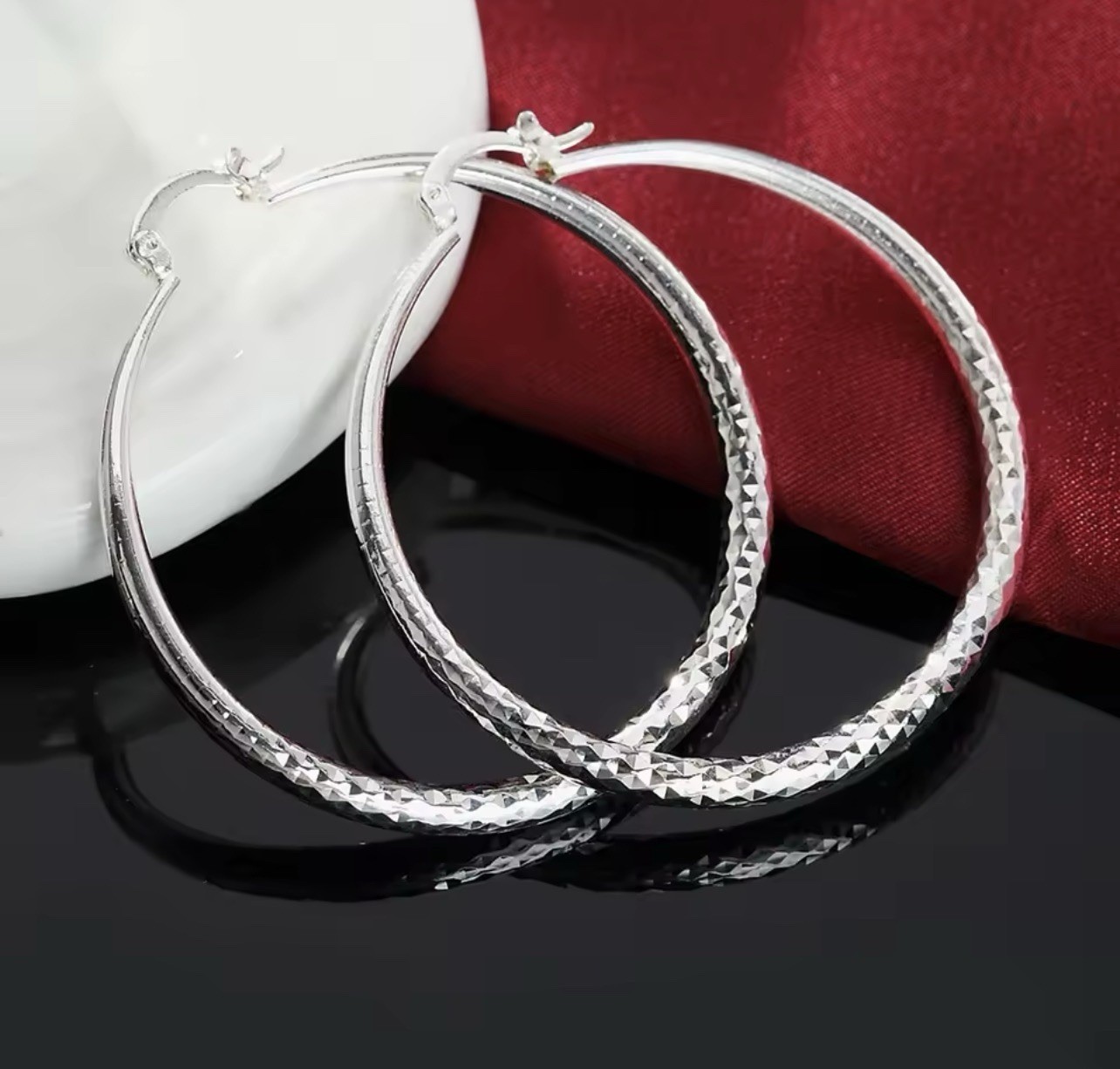 5CM ROUND HOOP DIAMOND CUT 925 SILVER PLATED EARRINGS LIGHT WEIGHT 2”