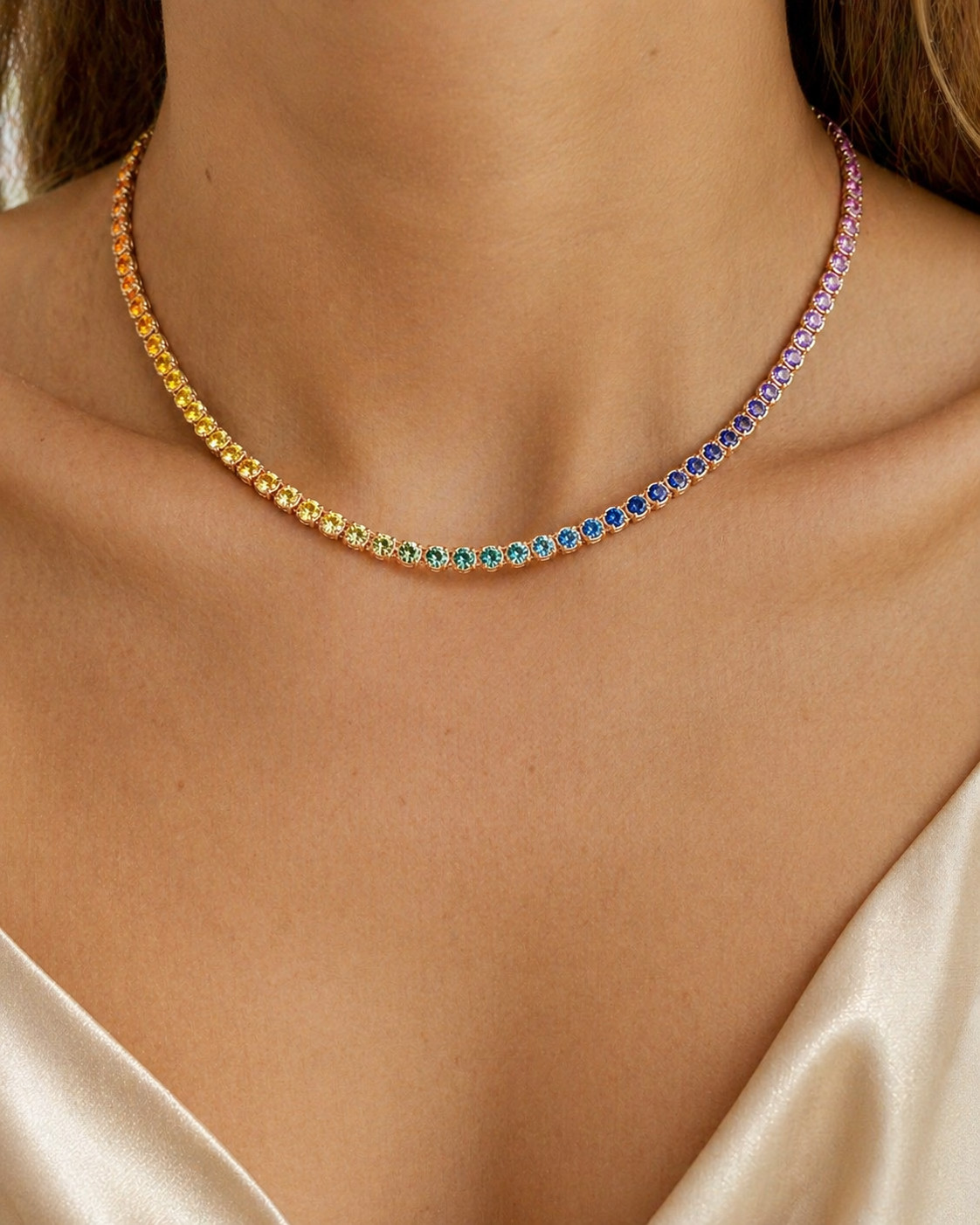 14.85ct Natural Sapphire Ruby Tennis Necklace 18K Rose Gold | Multicolor Gems