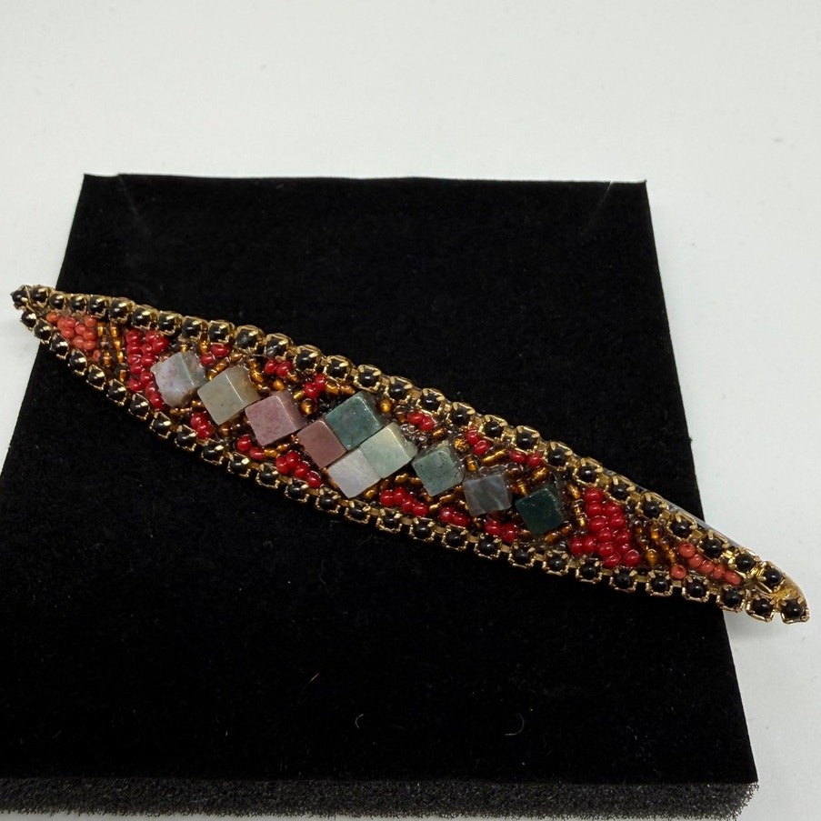 VINTAGE Hickham 1999 Hand Beaded Natural Stone Brooch Artisan Seed Bead Pin Boho