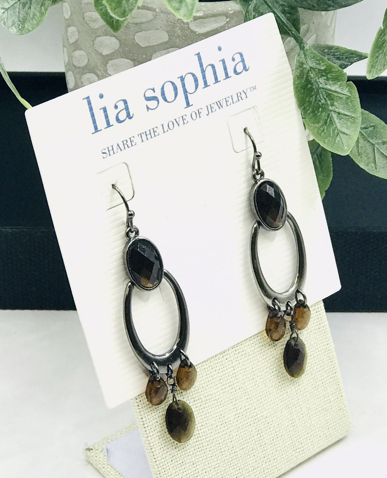 New! Lia Sophia “Ganache” Nickle Silver Tone Earrings w/Brown Cut Crystals