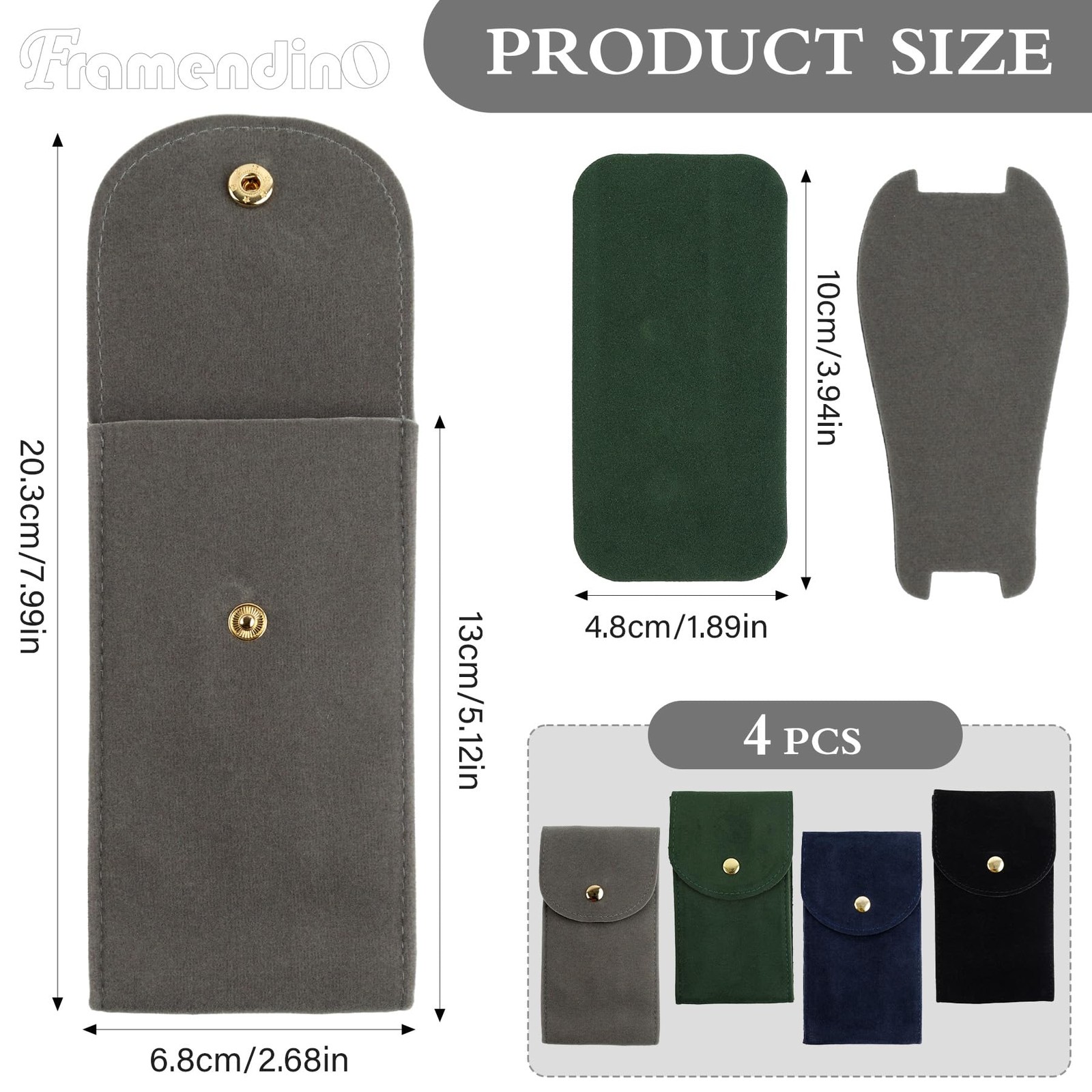 Framendino, 4 Pack Velvet Watch Pouch with Snap Button 4 Pack, Multicolor