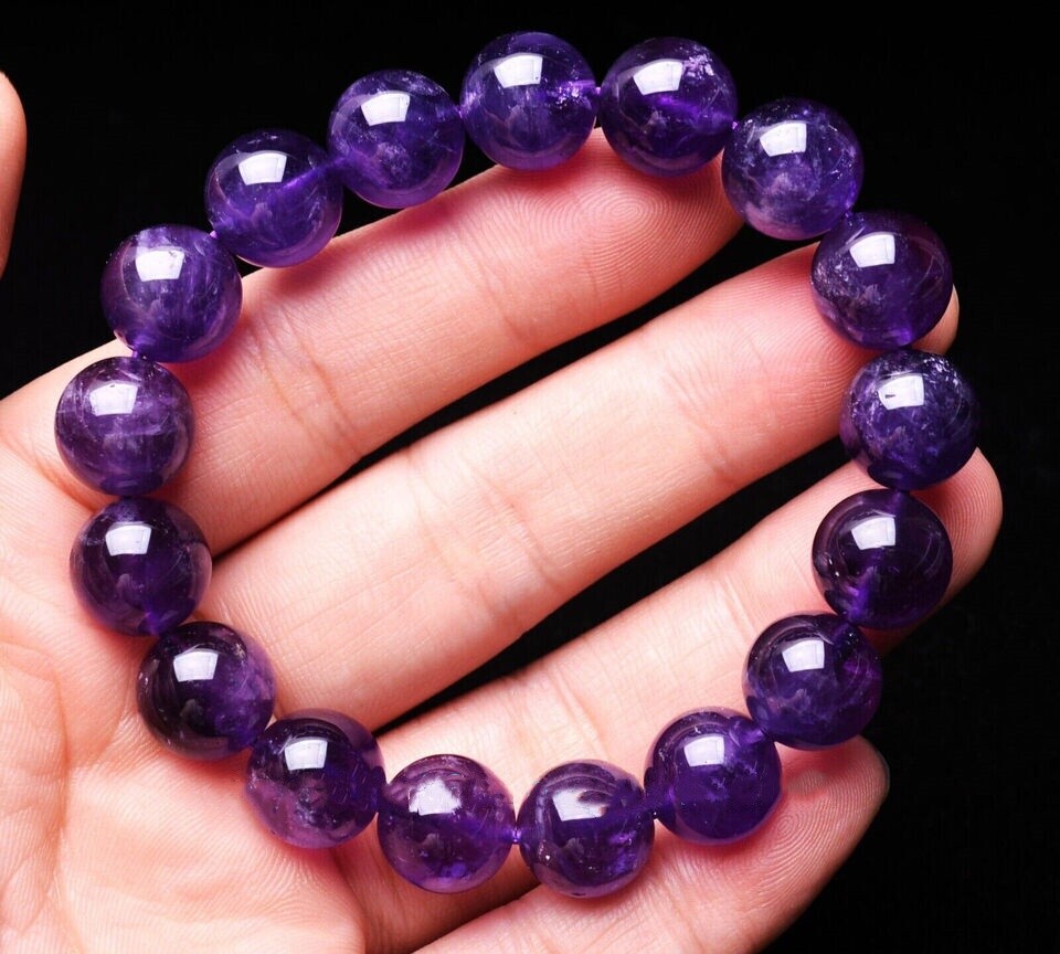 12mm Genuine Natural Purple Amethyst Crystal Round Beads Bracelet 7.5 Inch AAA