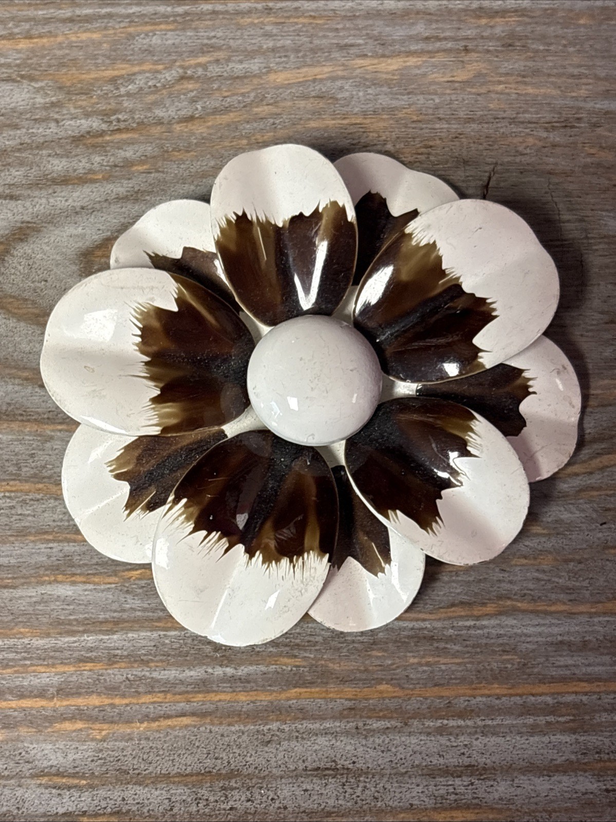 Metal and Enamel White with Brown Accents 1960’s Mid Century Brooch Pin
