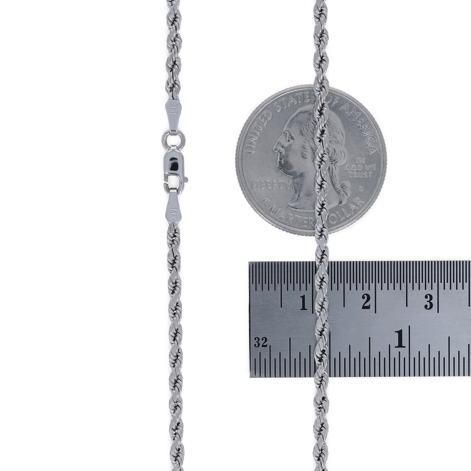 14K White Gold 2.5mm Diamond Cut Rope Chain Pendant Necklace Mens Women 14″- 30″