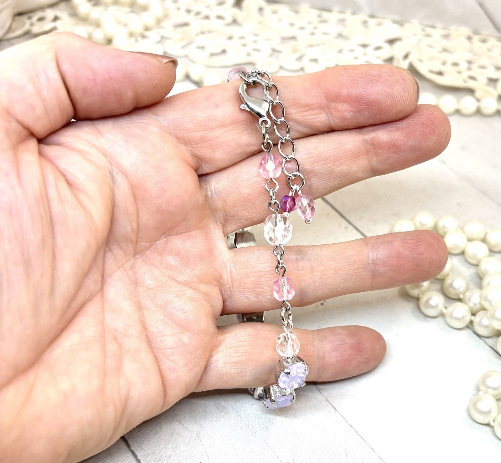 8mm Shiny Silver Plated Beaded Pink Opal Crystal Tennis Cup Chain Bracelet