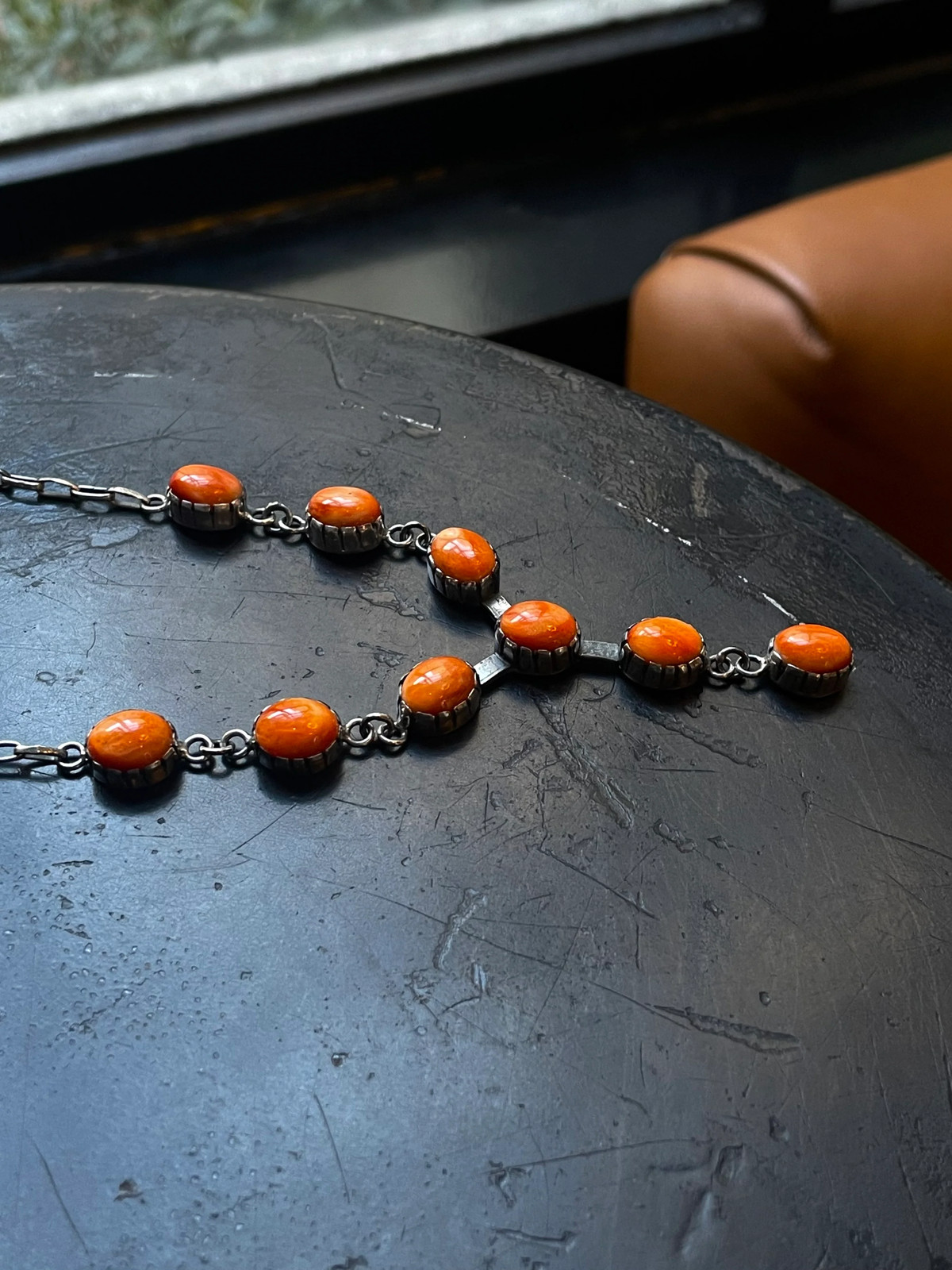 Orange Spiny Oyster Station Necklace | 925 Sterling Silver E597