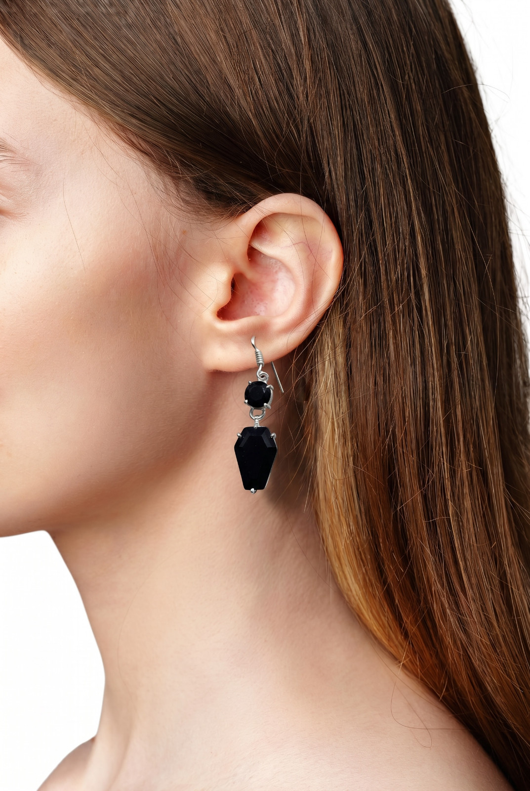 Designer Black Onyx Coffin 925 Solid Sterling Silver Dangle Drop Earrings