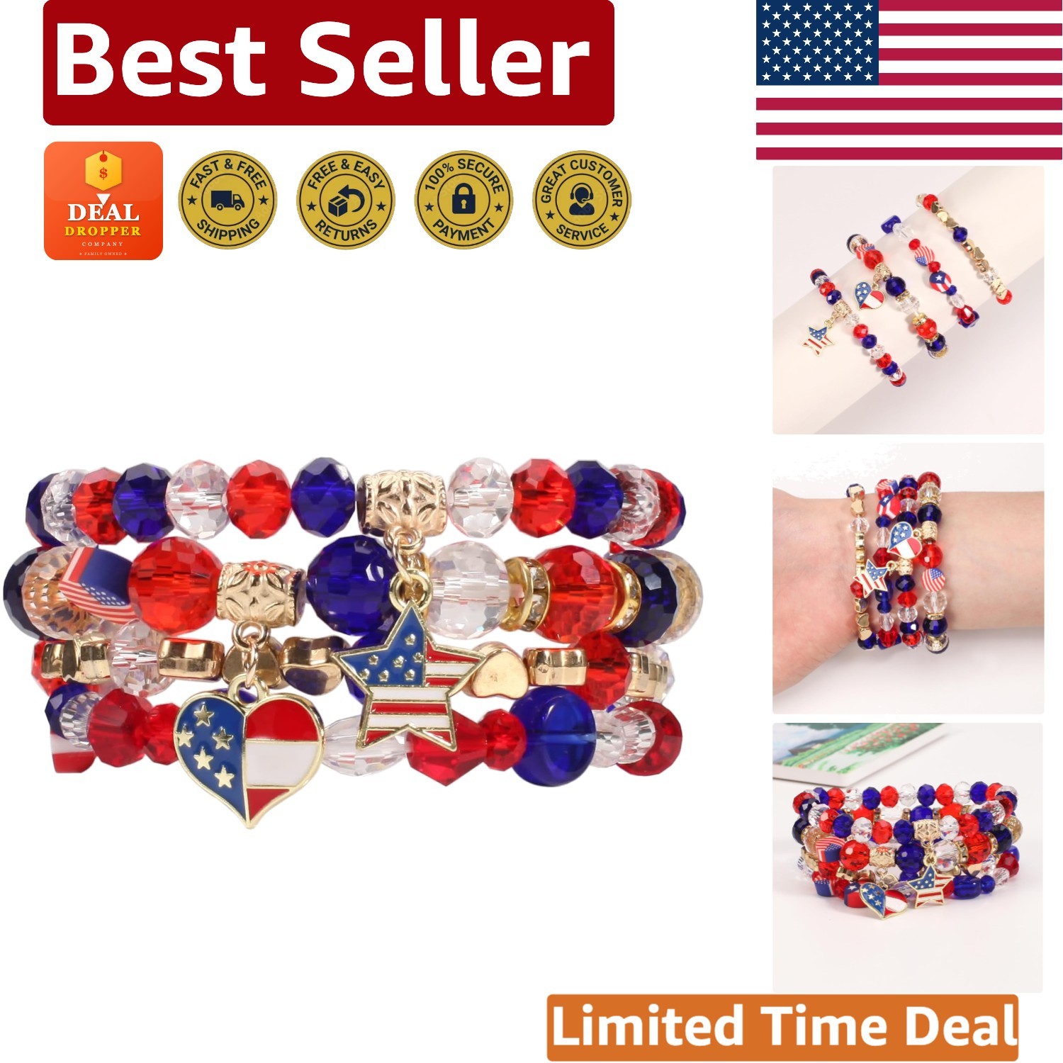 Stackable Patriotic Bracelets – 5 Piece Adjustable Beaded Set for 4th of July