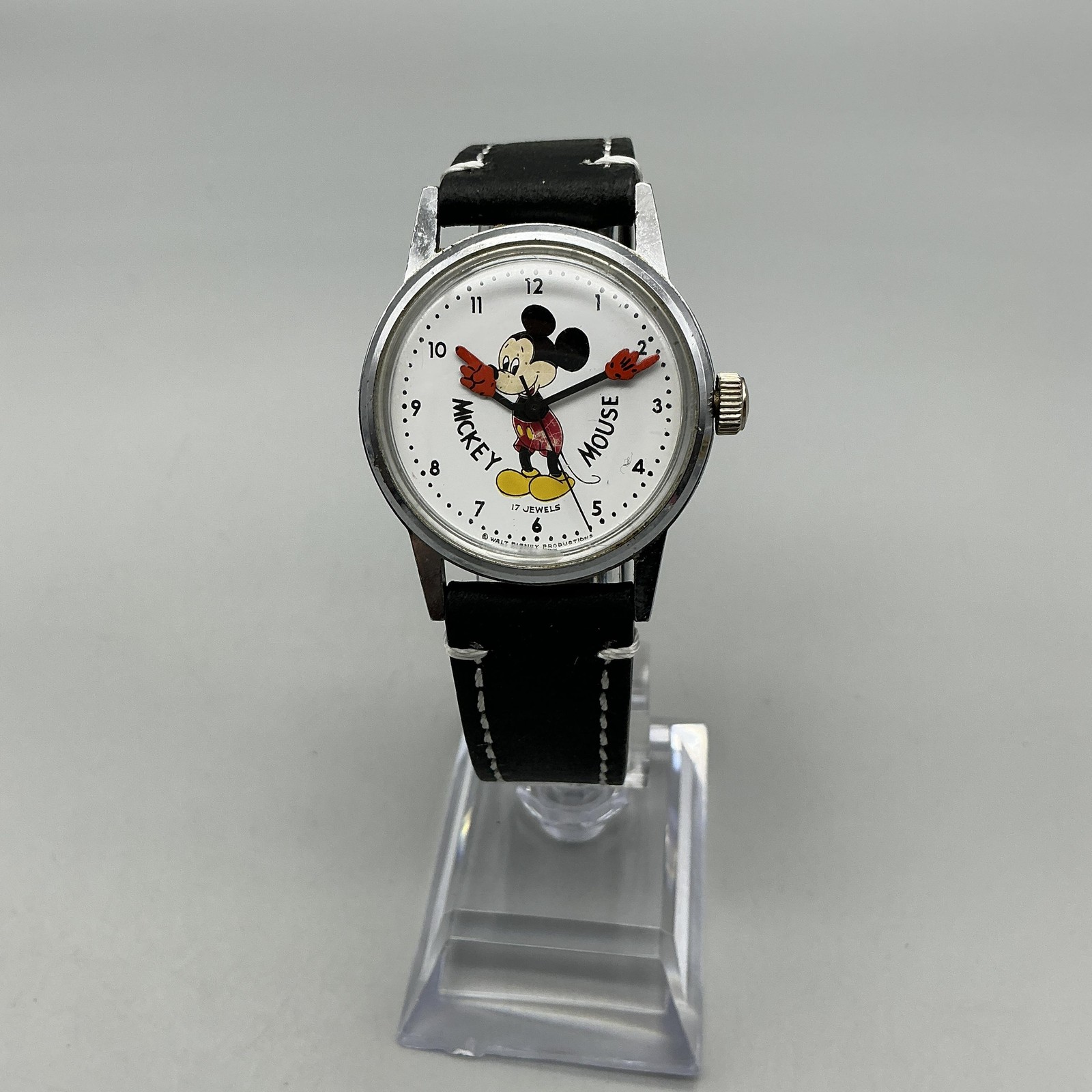 Vintage Disney Mickey Mouse Mens Watch 33mm Silver Tone Manual Black Leather