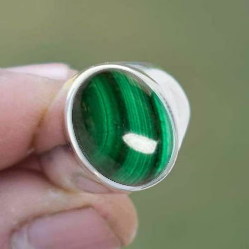 Solid 925 Sterling Silver AA Natural Green Malachite Gemstone Men’s Unisex Ring