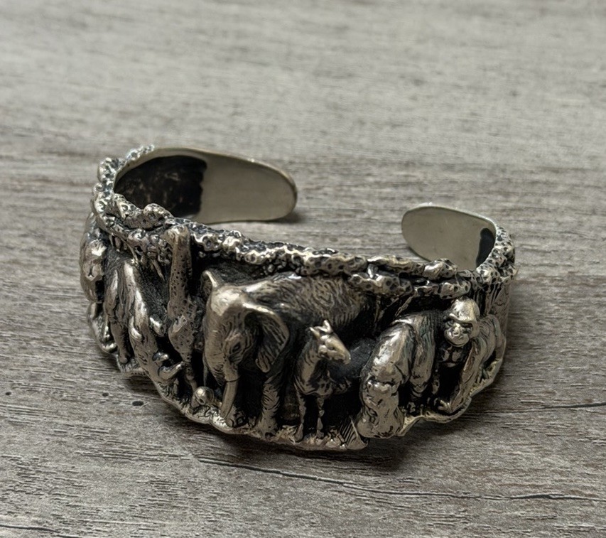 KABANA Sterling African Safari Animals 3D Cuff Bracelet Lion Hippo Gorilla Rhino