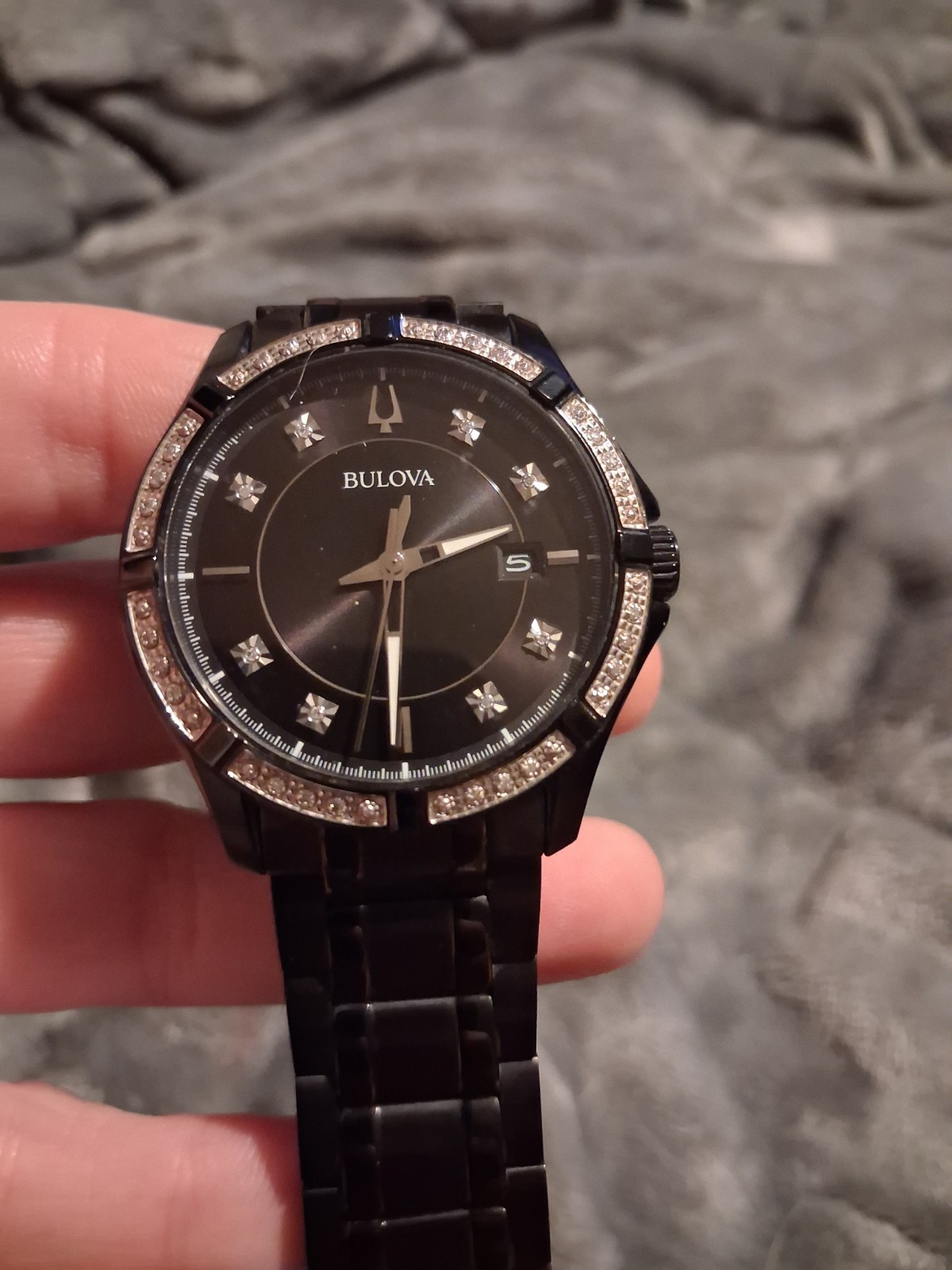 Bulova Men Diamond Quartz Dress Wristwatch Black Dial Bracelet Date 35mm