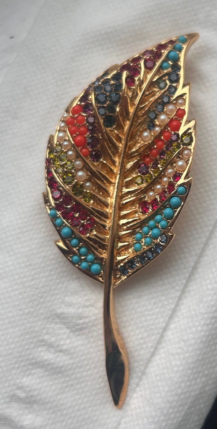 Vintage D’Orlan Rhinestone Enamel Leaf Pin Brooch J21