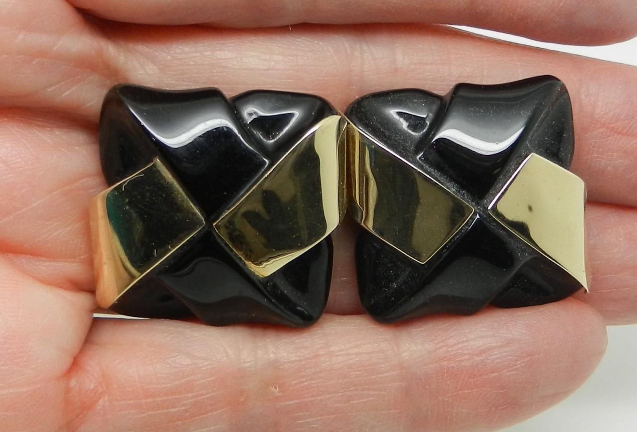 Vintage 18K Yellow Gold Lattice Style Black Onyx Earrings – LB2939