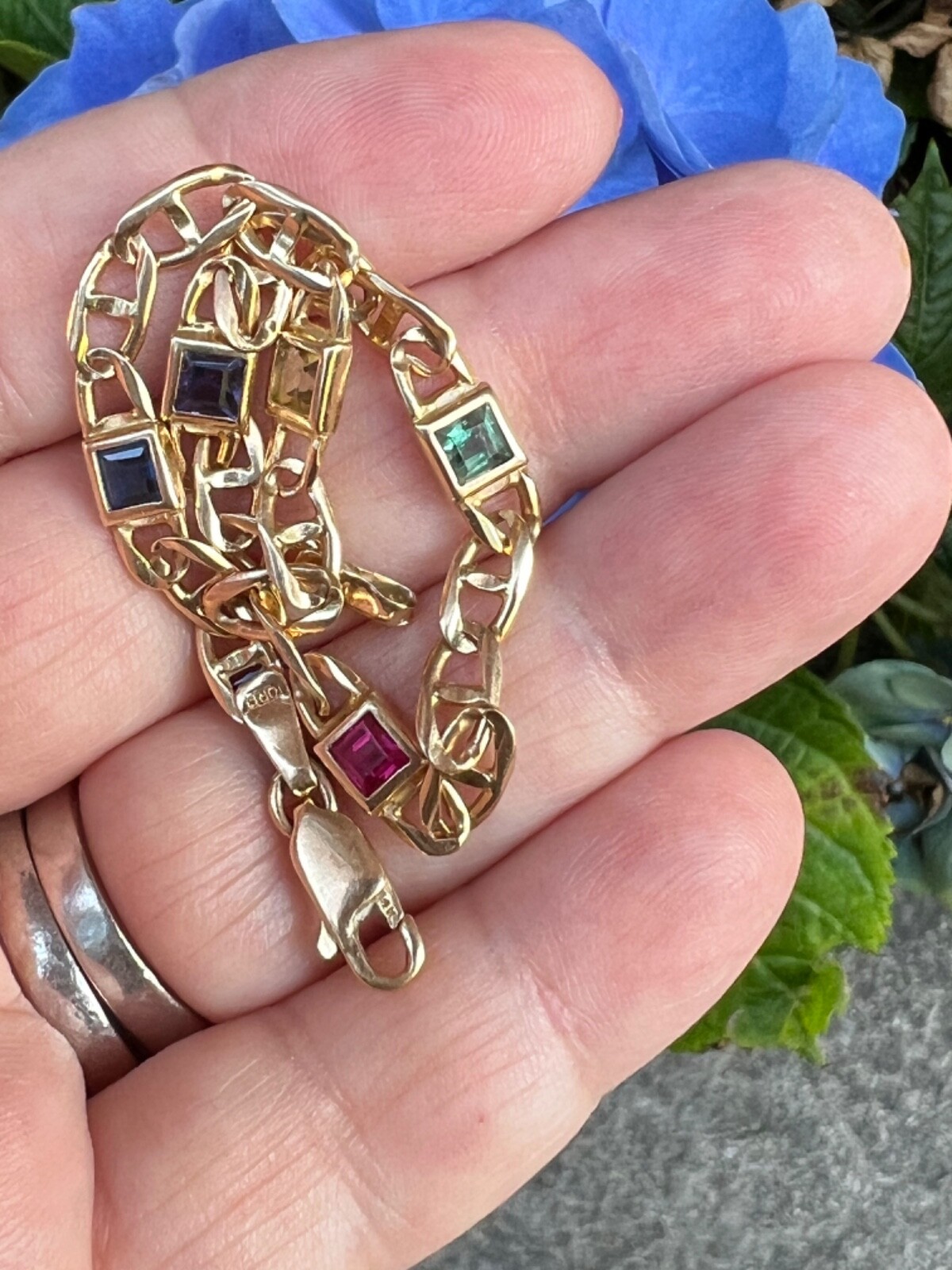 14K YELLOW GOLD MULTI GEMSTONES FIGARO BRACELET MADE IN ITALY CANDY COLORS