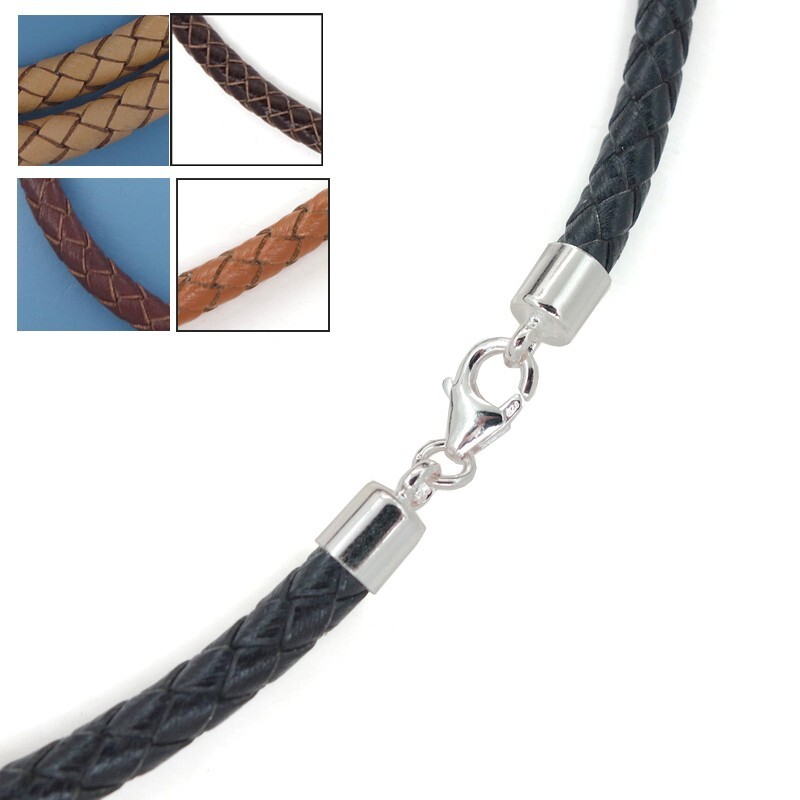 .925 Sterling Silver 5mm Round Braided Genuine Leather Cord Necklace / Bracelet
