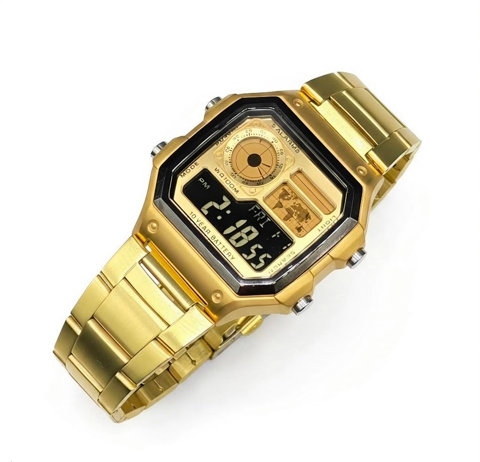 CASIO AE-1200WHD. Royale Watch Mod. All Stainless Steel Gold. Negative Display