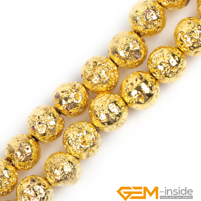 Gold Metallic Coated Volcanic Rock Stone Round Loose Beads Jewelry Making 15″