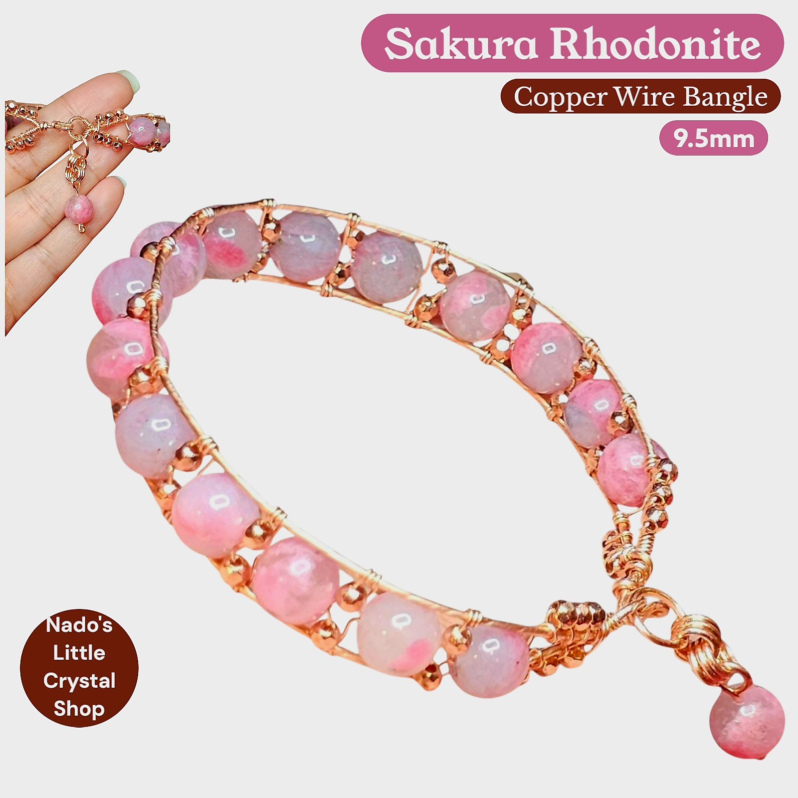 Sakura Rhodonite 9.5mm Bangle Made With Copper Wire