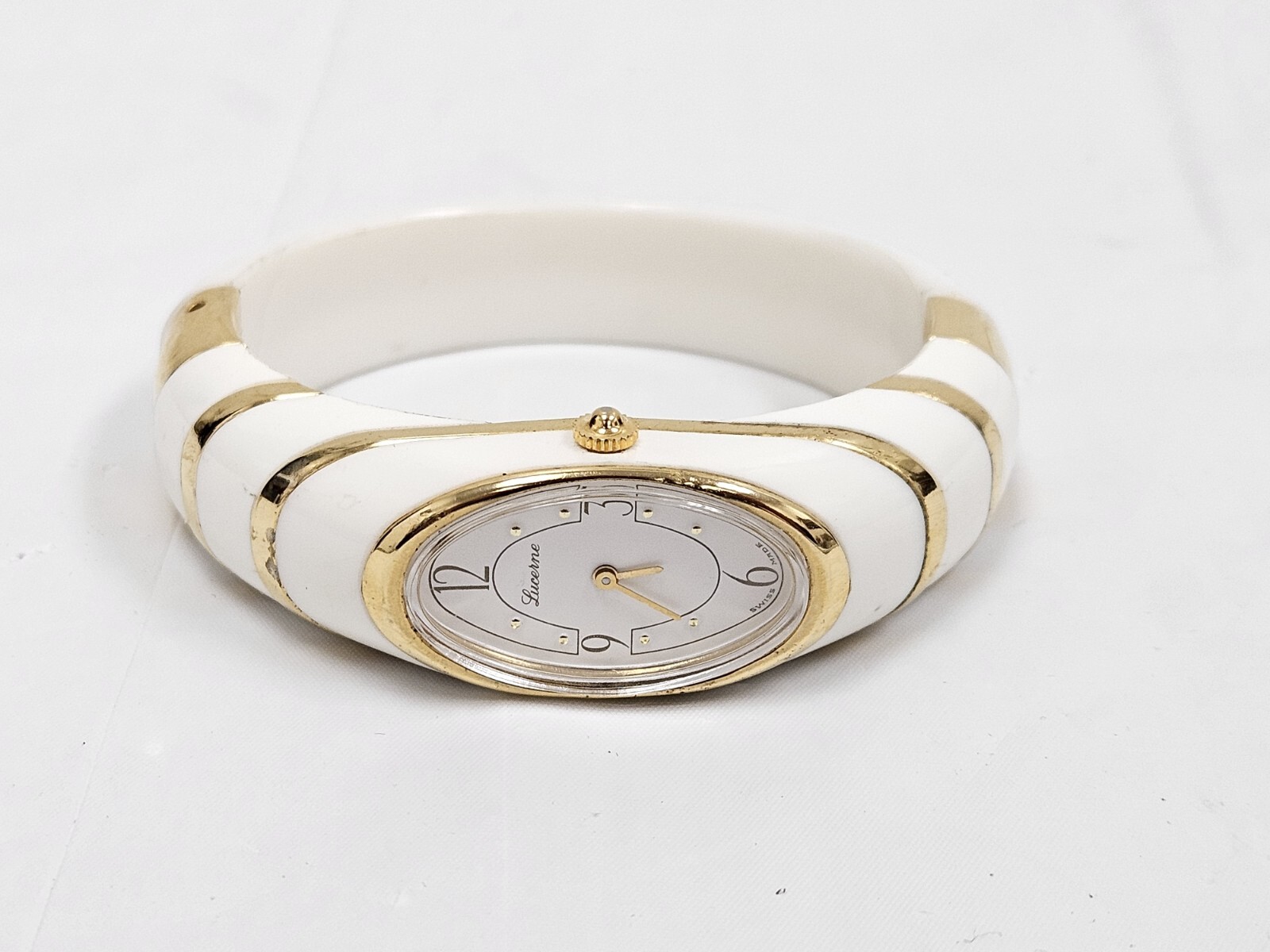 Vintage Lucerne Swiss Mechanical Bangle Watch Gold Tone & White Womens Modern