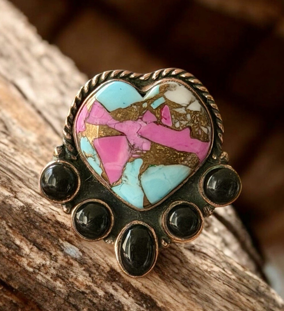 Cotton Candy Dahlia Kingman Turquoise Onyx Heart Copper Ring Adjustable 8-12
