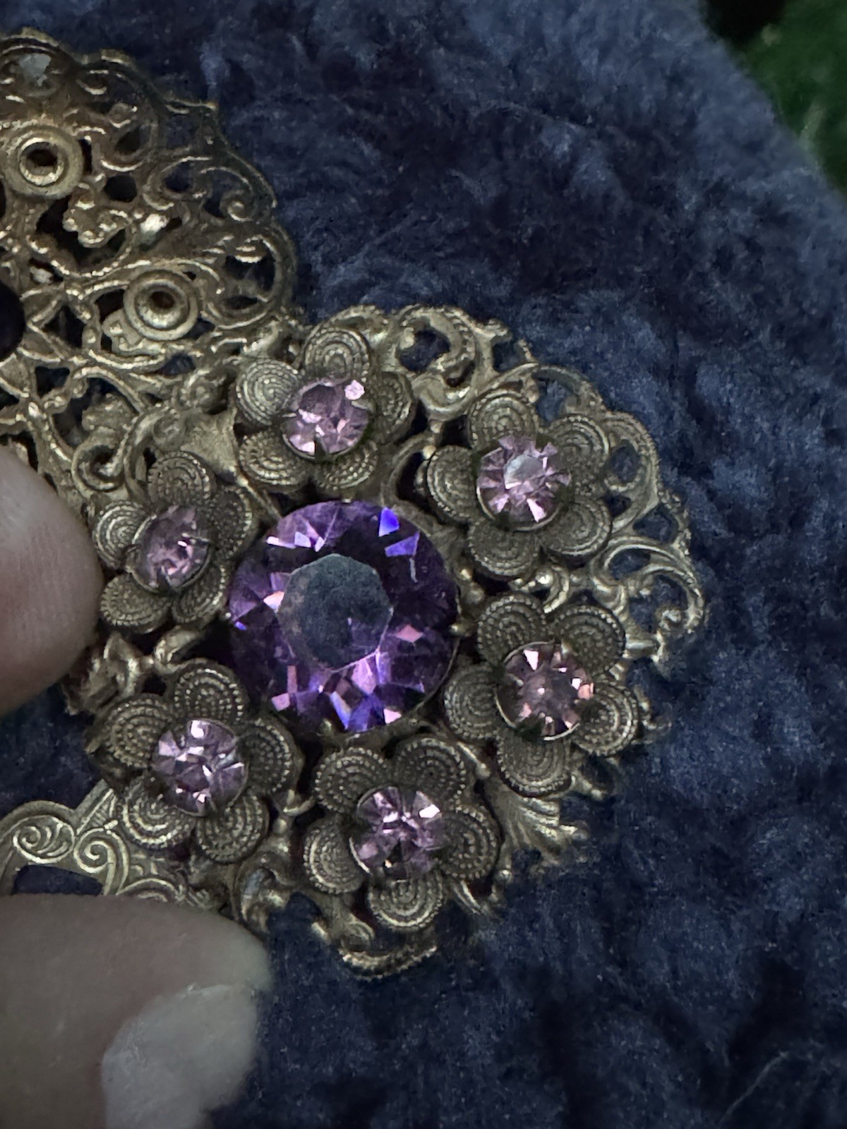 Vintage Purple and Gold Tone Clip-On Czechoslovakian Earrings 1.75 Victorian Rev