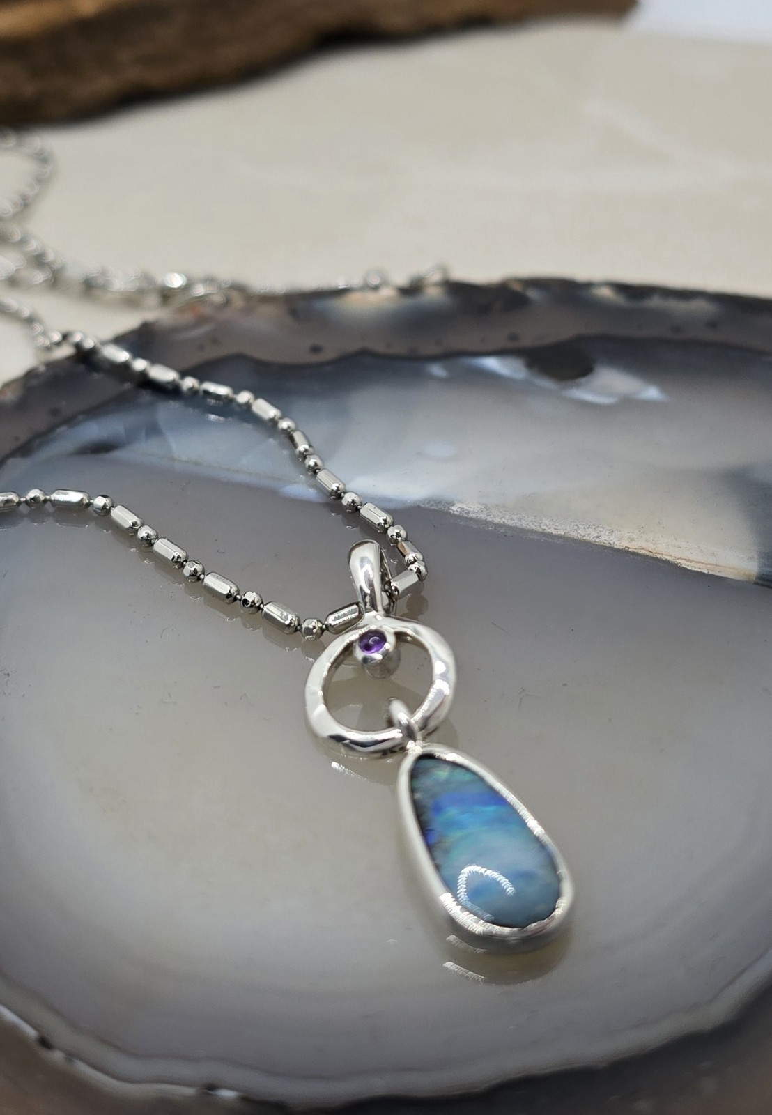 Modern Australian Made Solid Boulder Opal Silver 925 One Of A Kind Pendant