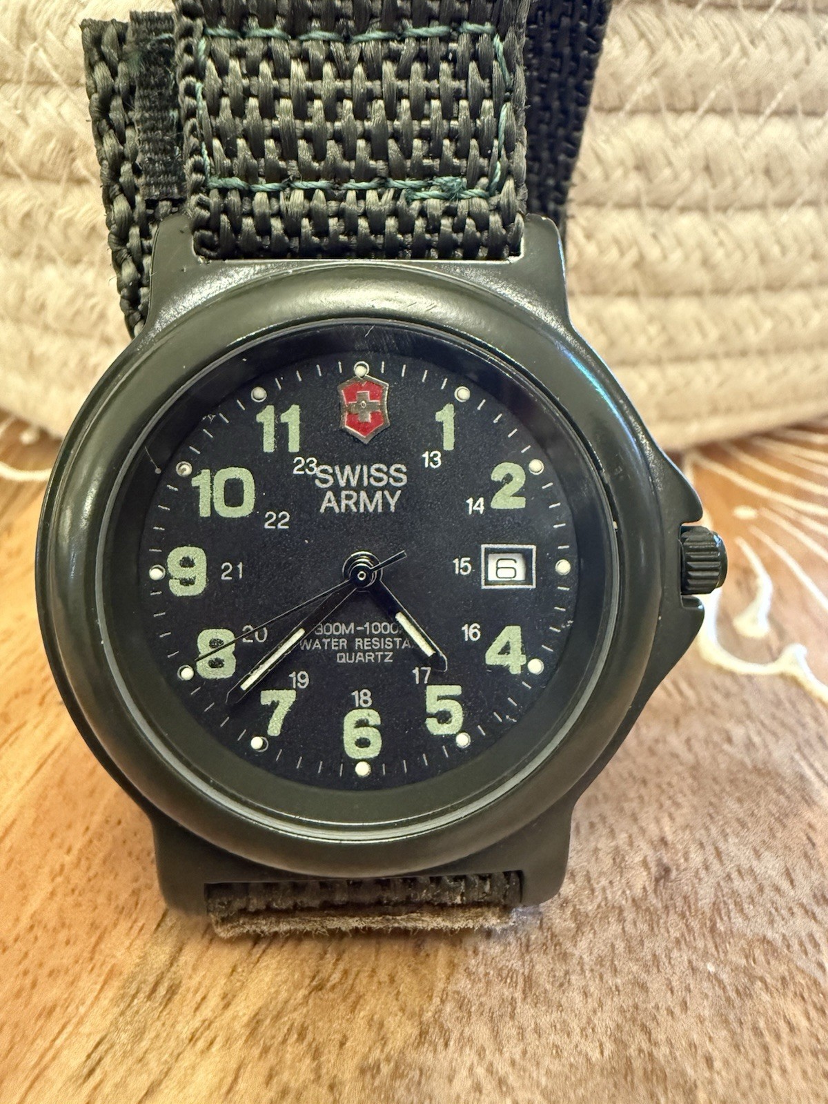 Swiss Army Quartz Military 300m Black Dial Arabic Date Green Nylon Strap