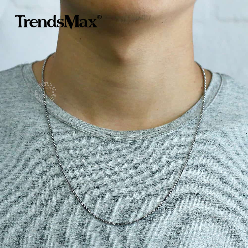 2-5mm Silver Tone Stainless Steel Round Box Link Necklace Choker Men Women Chain