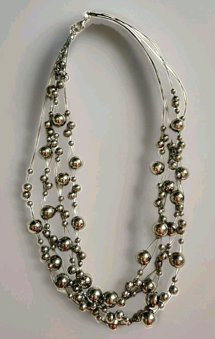 New Layered Silver Tone Multi Strand Necklace Floating Silver Tone Beads Trend